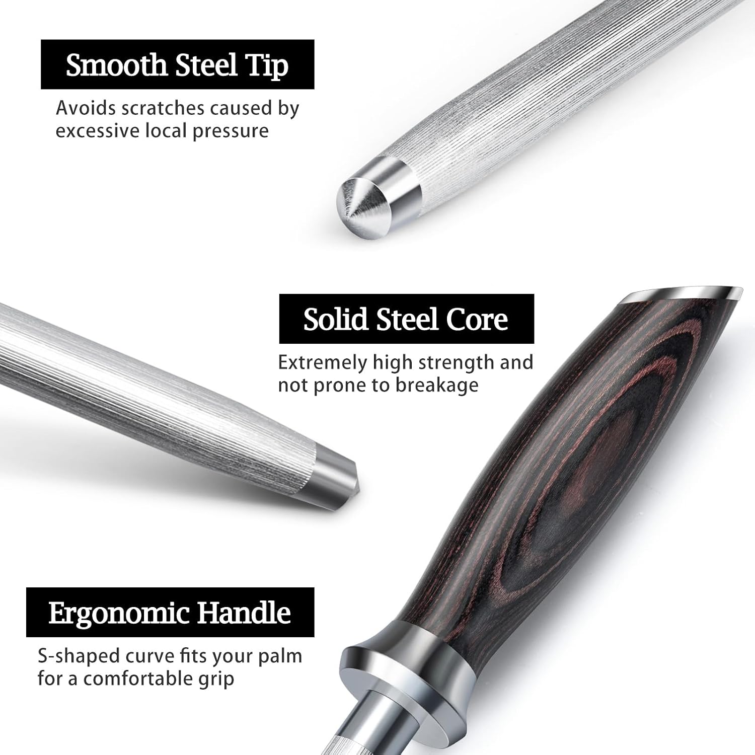 Detalle de HOSHANHO 12-Inch Honing Rod, High-Carbon Steel with Pakkawood Handle