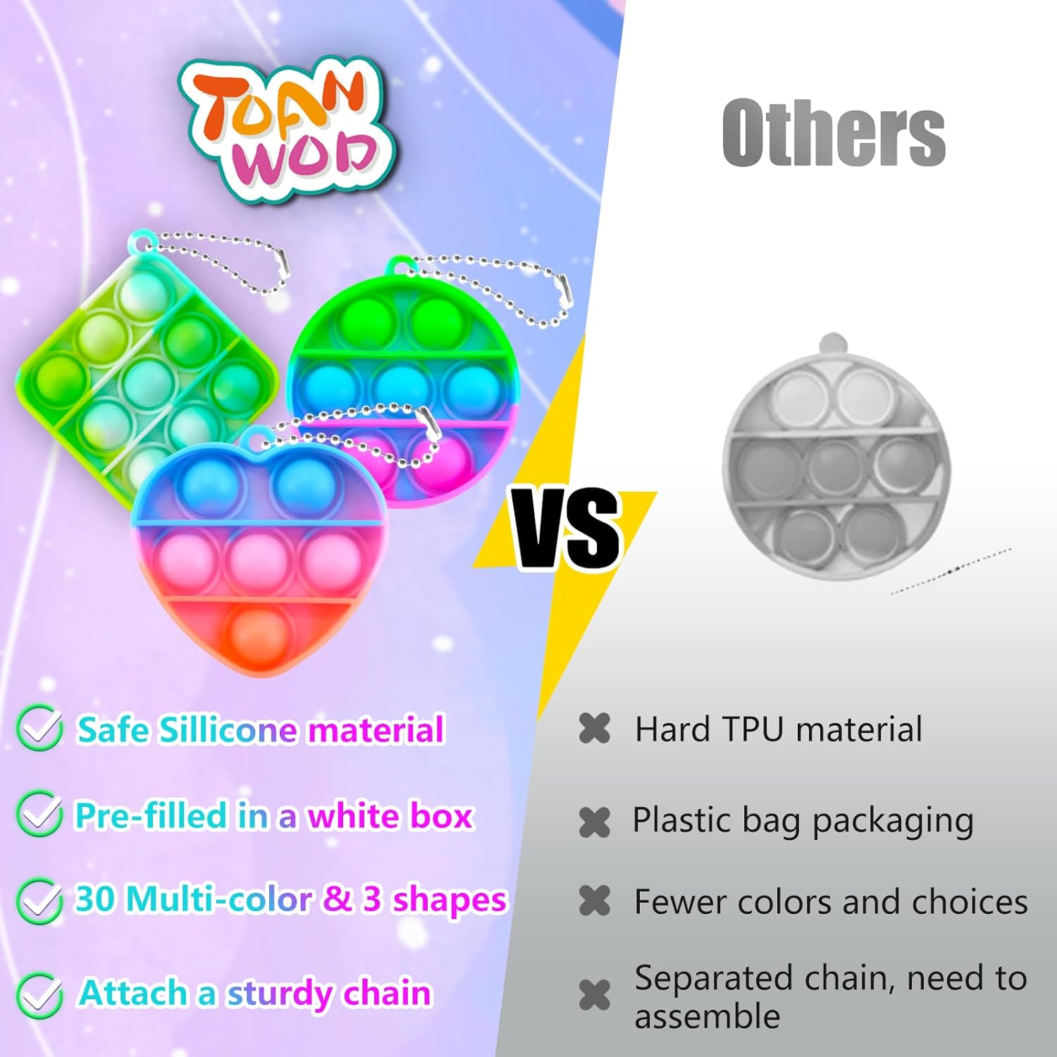 Detalle 1 de TOANWOD 30PCS party bag pop bubbles keyrings