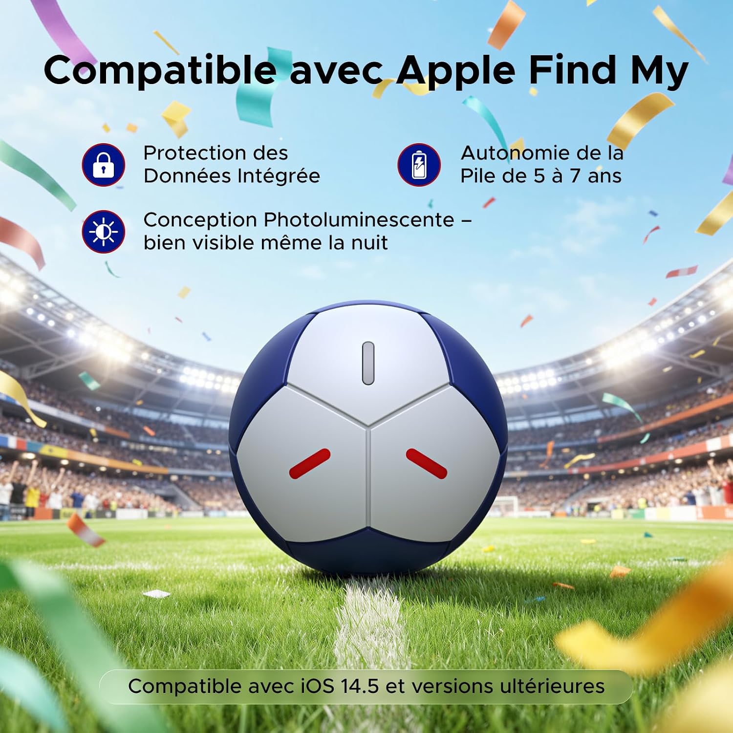 Detalle de UGREEN FineTrack 2 Finder Tag Design Football – Localisateur Find My en couleur tricolore (IP68, 110 dB)