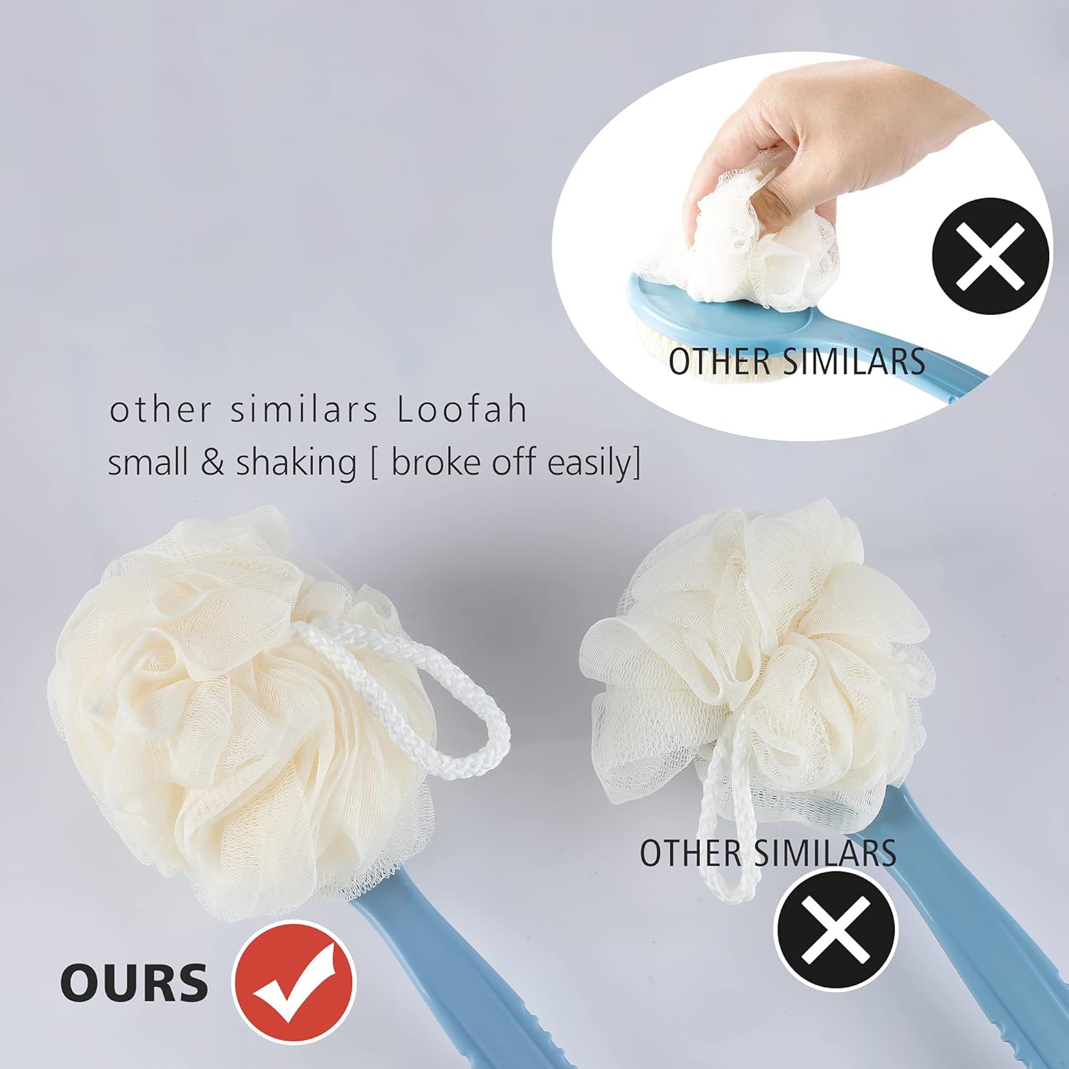 Detalle de MUNTI 2-in-1 Shower Back Scrubber: Bristle + Loofah with Curved Long Handle (Blue)