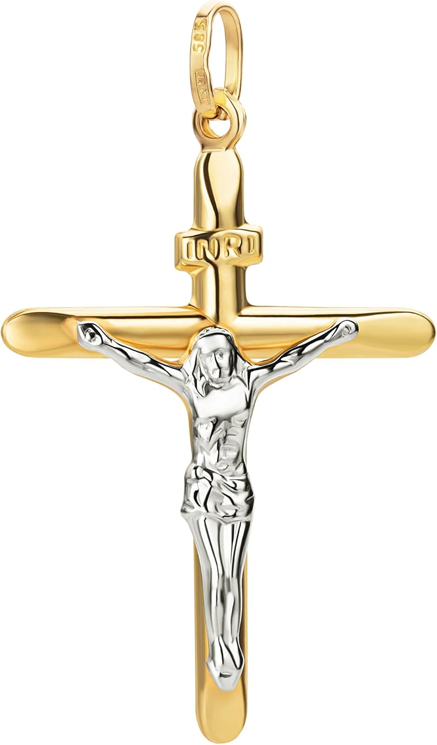 Detalle 2 de Ciondolo bicolore a croce con Gesù in oro bianco e oro giallo 585 – 14 ct, unisex