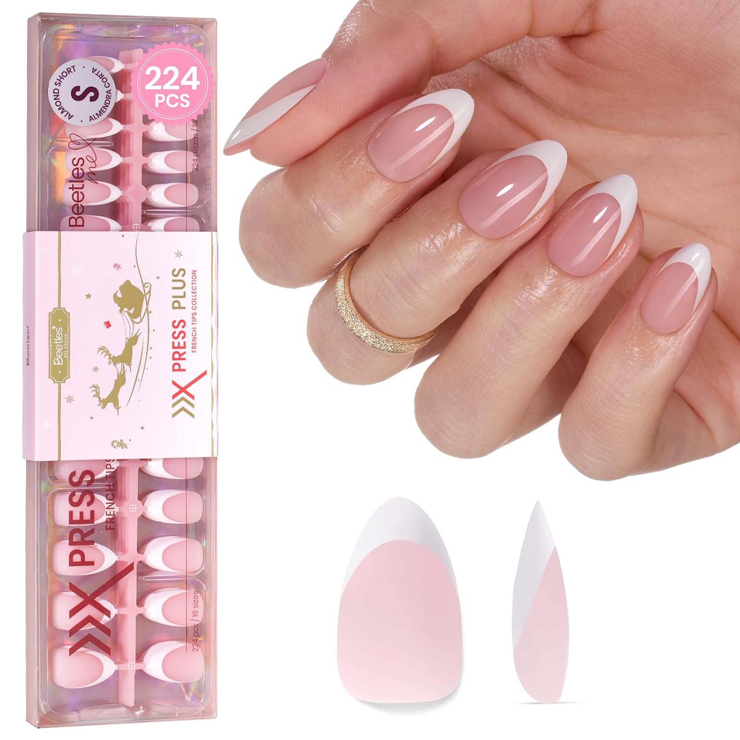 Detalle de Beetles French Tips Press On Nails: 224 Pink Short Almond Nails (16 Sizes)