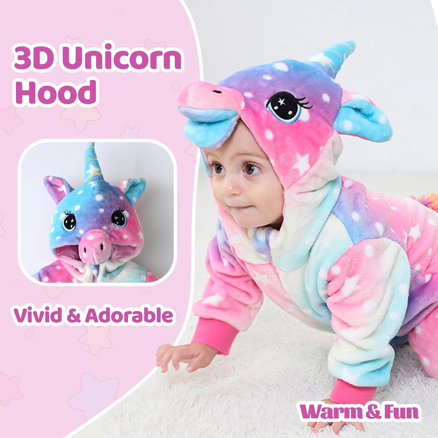 Detalle 2 de LOLANTA unisex toddler dinosaur unicorn rainbow plush hooded romper (1–5 years)