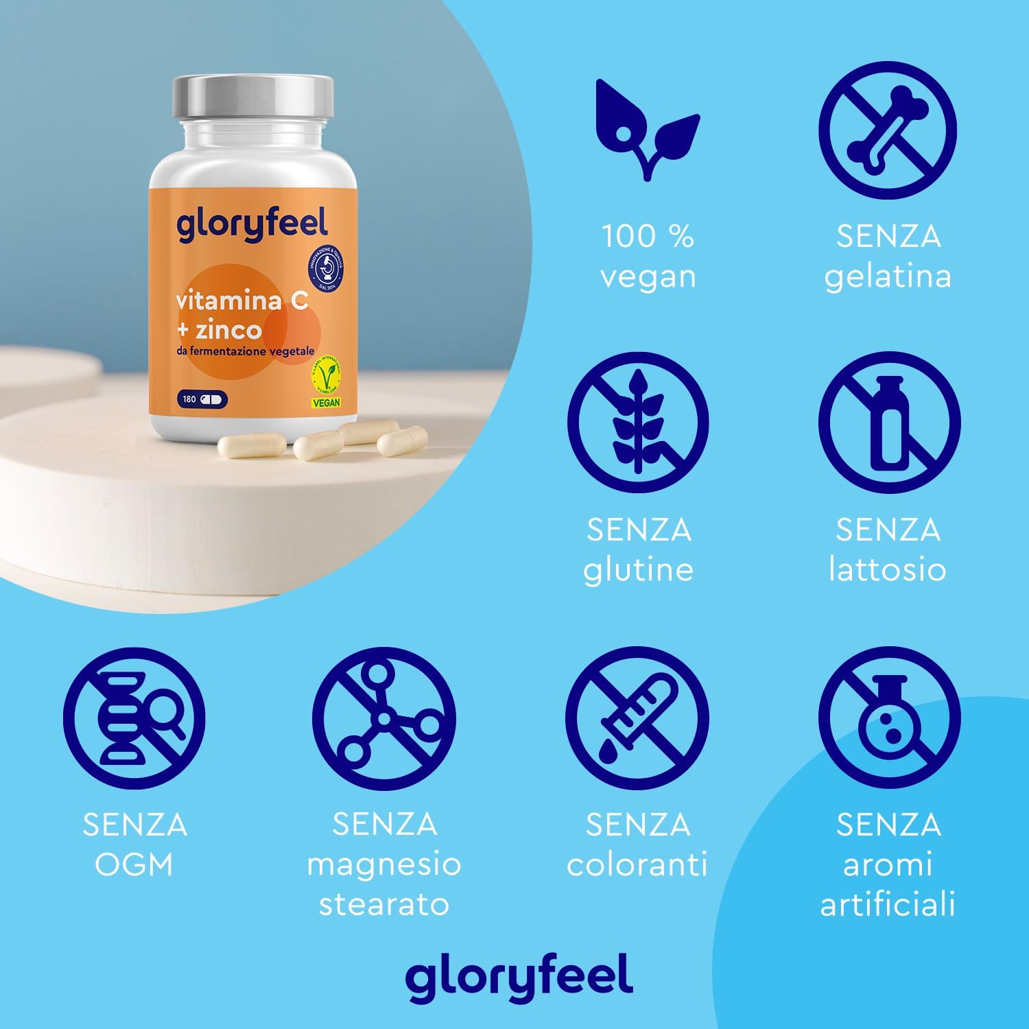 Thumbnail 3 de Gloryfeel Vitamina C 180 Capsule, 500 mg + Zinco 10 mg — integratore difese immunitarie vegan