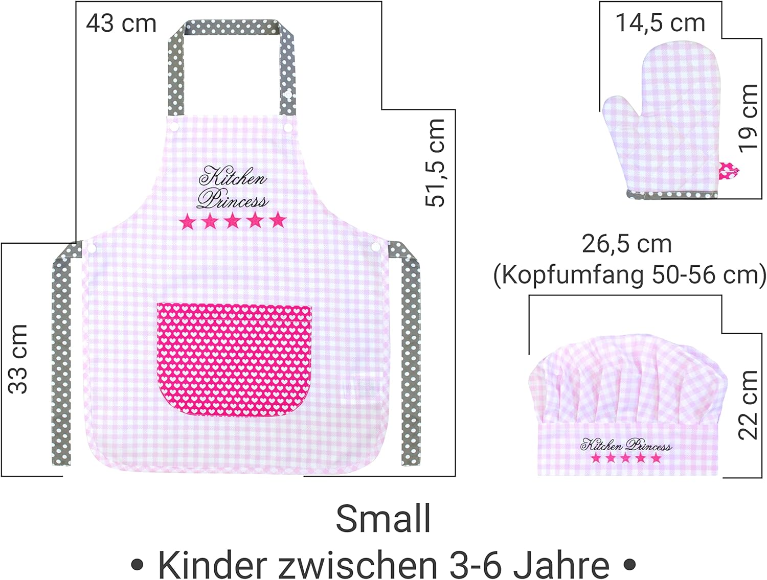 Thumbnail 4 de Emily 1428.2002 – Lot de 3 Casquettes de Cuisine avec Tablier et Gant pour Enfant, Motif Carreaux, Kitchen Princess, Small (3-6 ans)