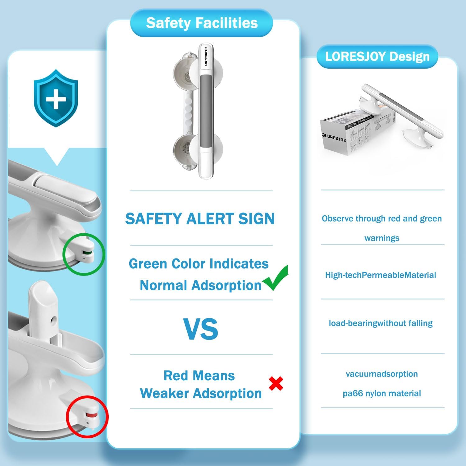 Thumbnail 2 de LORESJOY Duschgriff mit Saugnapf (2er-Set) bis max. 110 kg – abnehmbarer Haltegriff für Dusche & Badewanne ohne Bohren