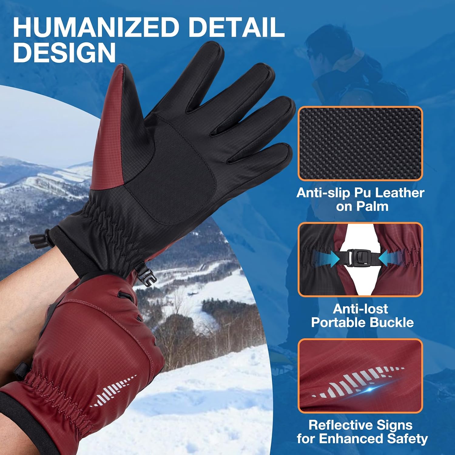 Detalle 2 de SIMARI Winter Gloves, Small Ruby Wine, Touchscreen, Windproof and Waterproof