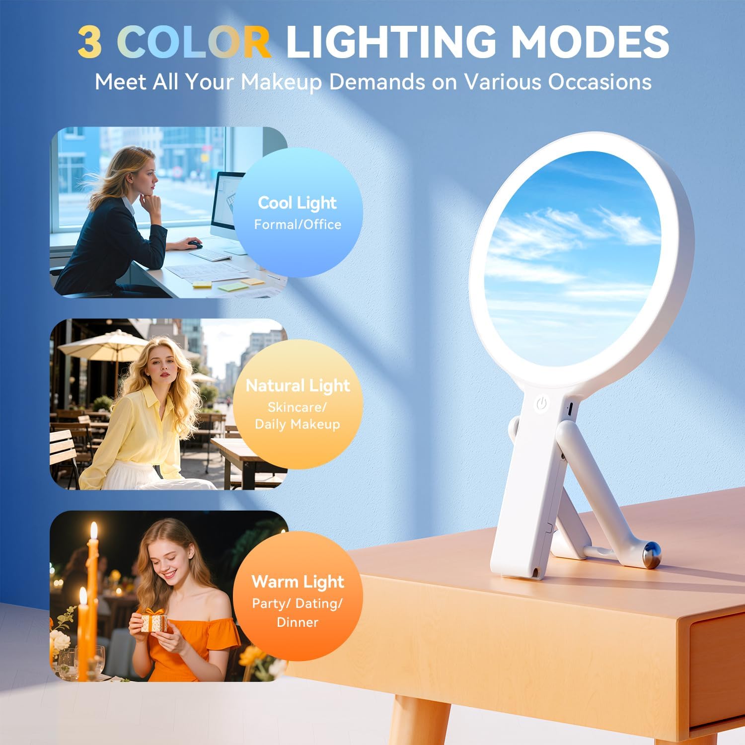 Thumbnail 3 de Auxmir Specchio da trucco con luci LED, specchio bifacciale 30X/1X e batteria ricaricabile (portatile e pieghevole)