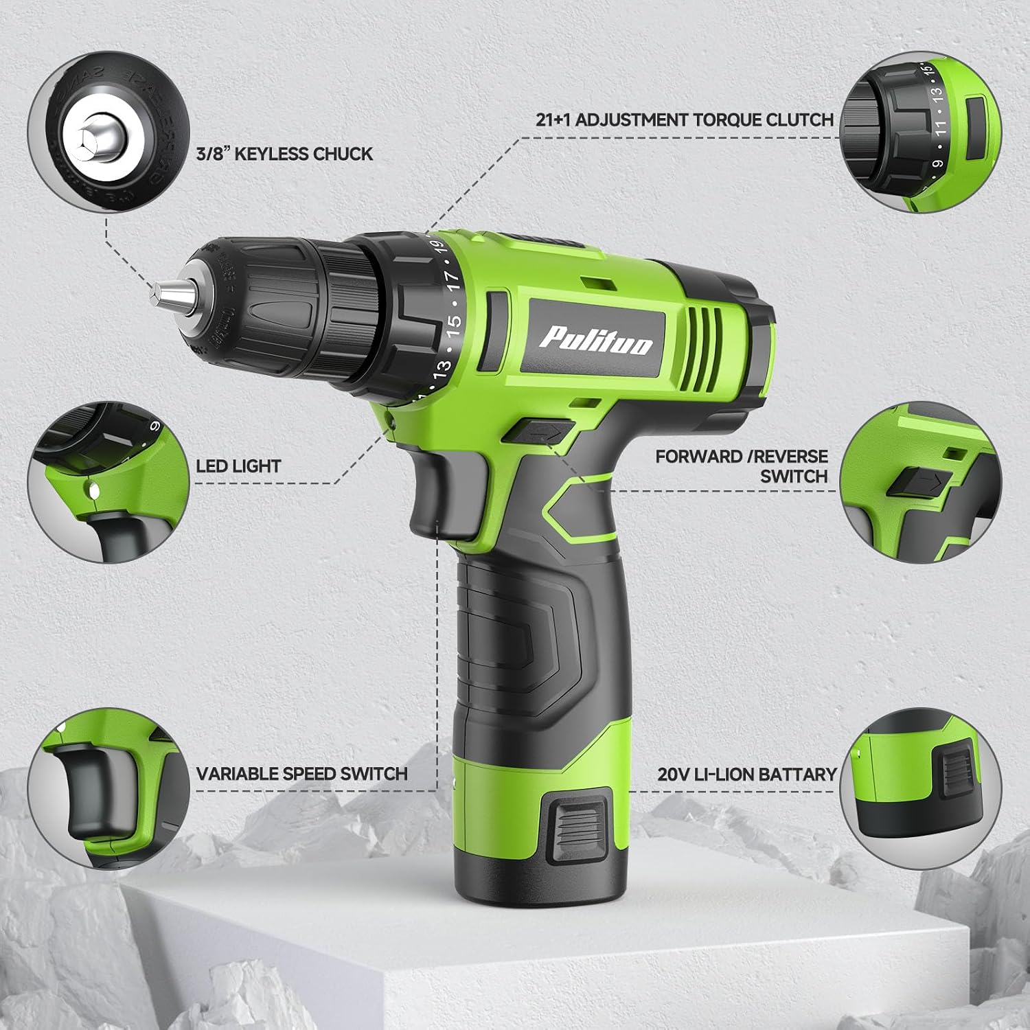 Detalle de PULITUO 7212Set-Green 149-Piece Tool Set with 12V Cordless Drill