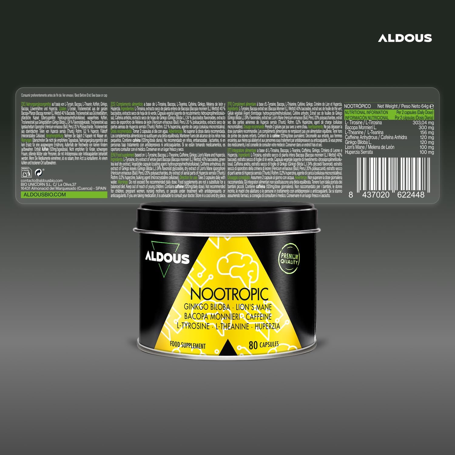 Detalle de Nootropique Naturel Aldous – 80 Gélules: Brain Booster pour Mémoire, Concentration et Énergie