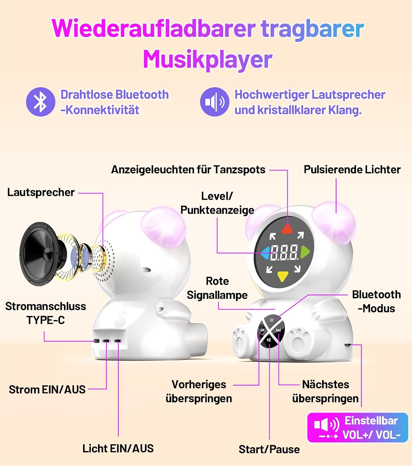 Detalle 2 de FWFX Tanzmatte Kinder 3–12 Jahre mit Bluetooth