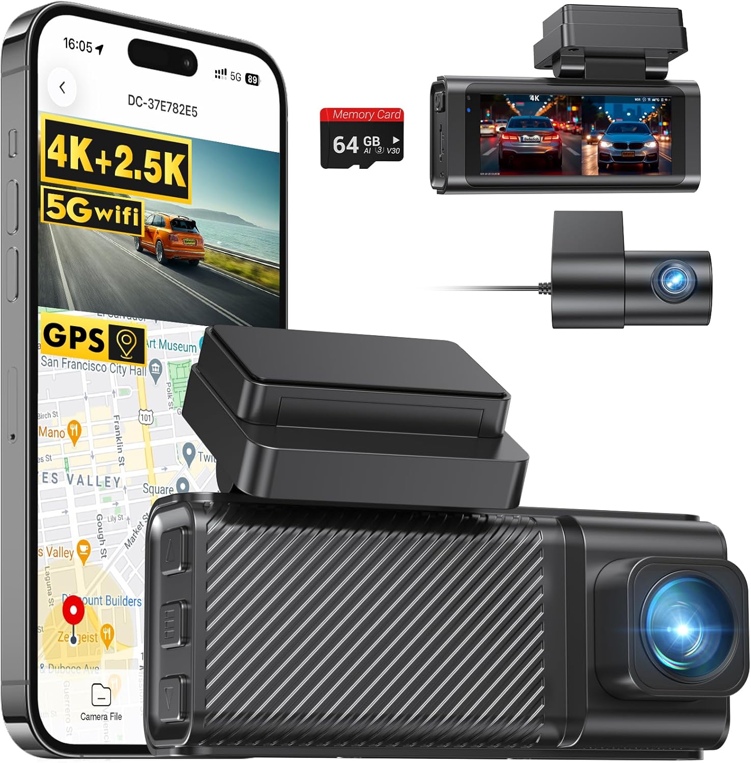 Detalle de Beferich 4K Dash Cam Front and Rear with 64GB, GPS, and 5.8GHz WiFi