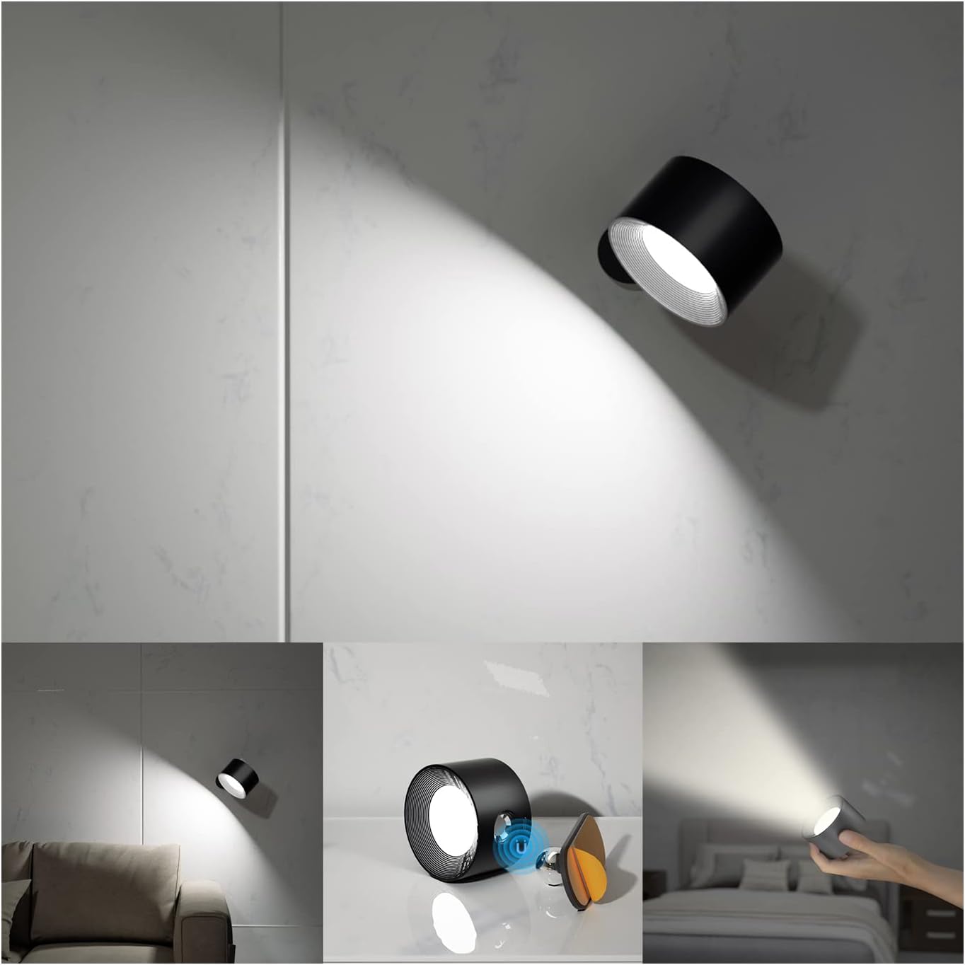 Detalle de Feallive Wall Light LED Wall Lamp with Rechargeable Battery, Dimmable Touch Control, 360° Rotatable, Black