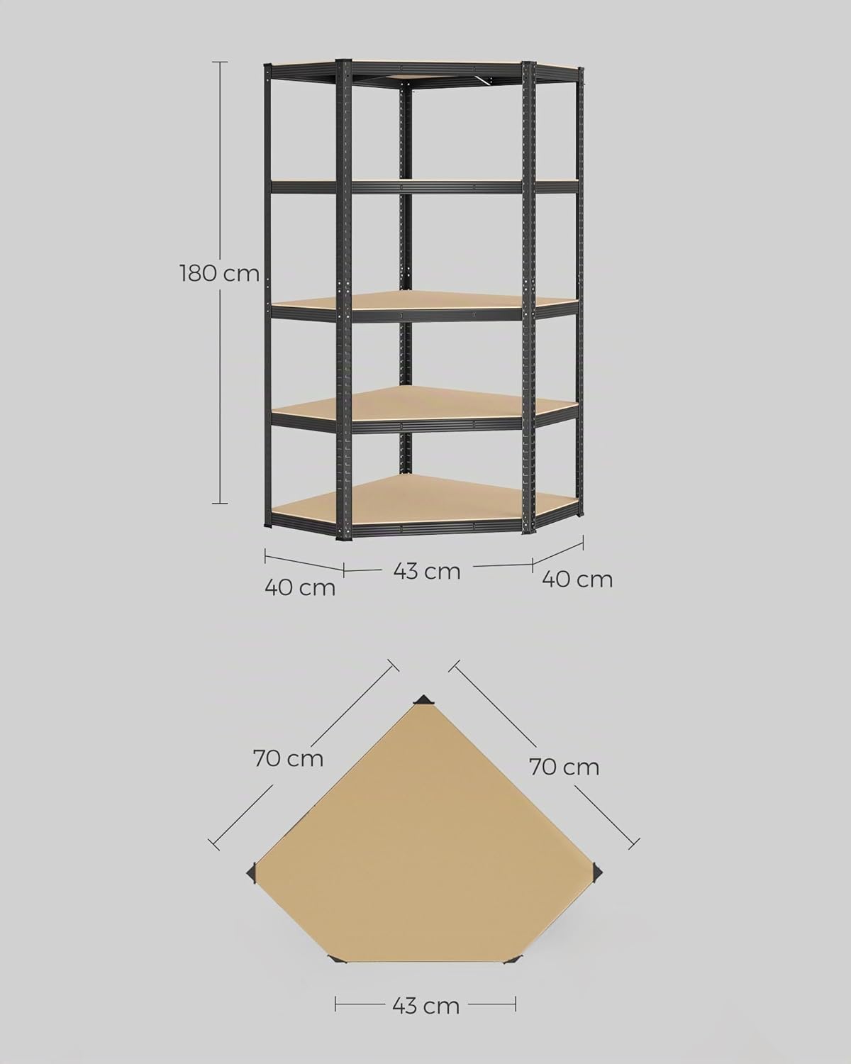 Detalle de SONGMICS GLR080B01 Scaffale angolare a 5 ripiani in acciaio, carichi fino a 875 kg (nero inchiostro e beige)
