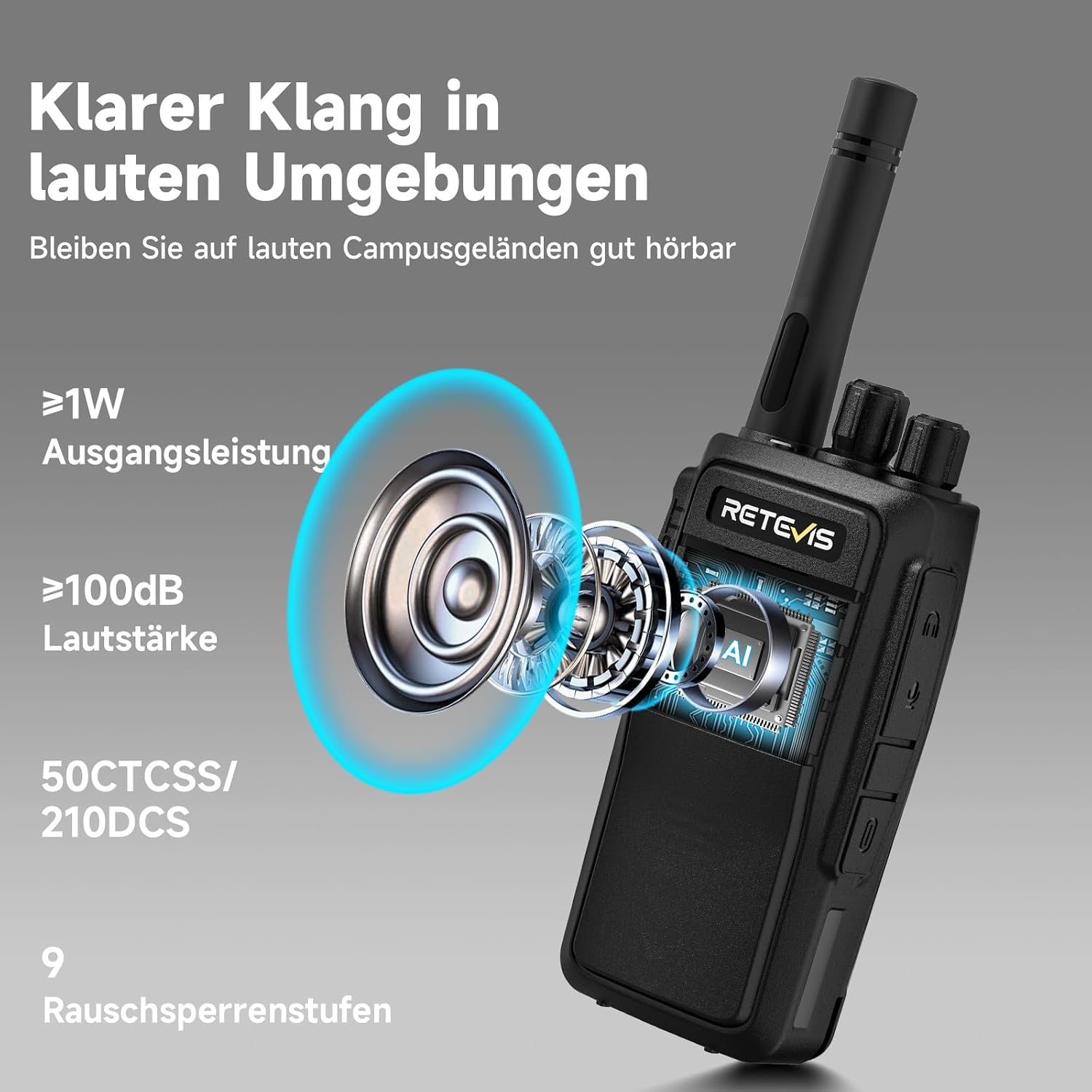 Detalle de Retevis RT21 Handheld Walkie-Talkies (16C/16CH) mit CTCSS/DCS, VOX und Notfallfunktionen – 4er-Set Schwarz