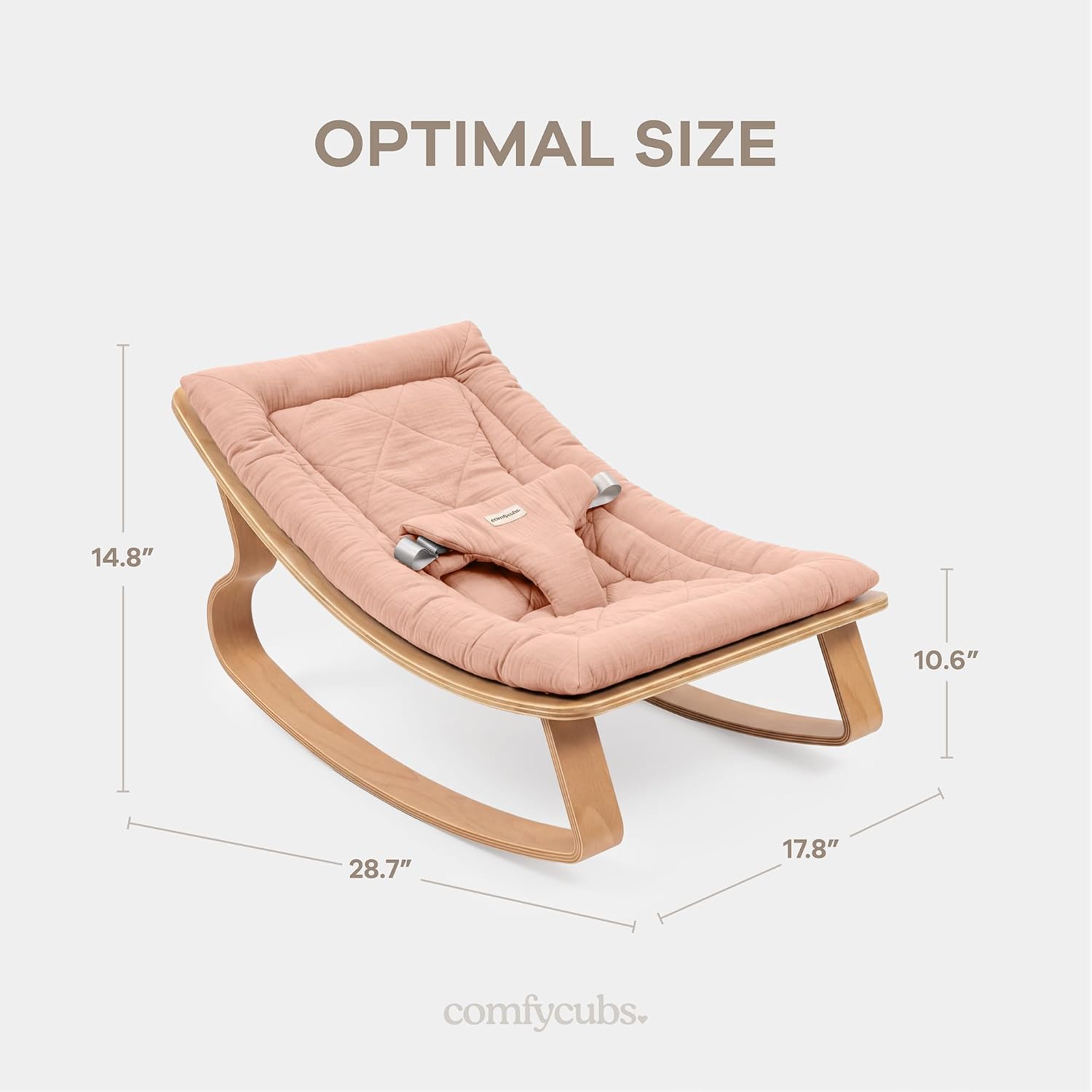 Detalle de Comfy Cubs Baby Rocker, Wooden Infant Recliner with Removable Muslin Cushion, Blush