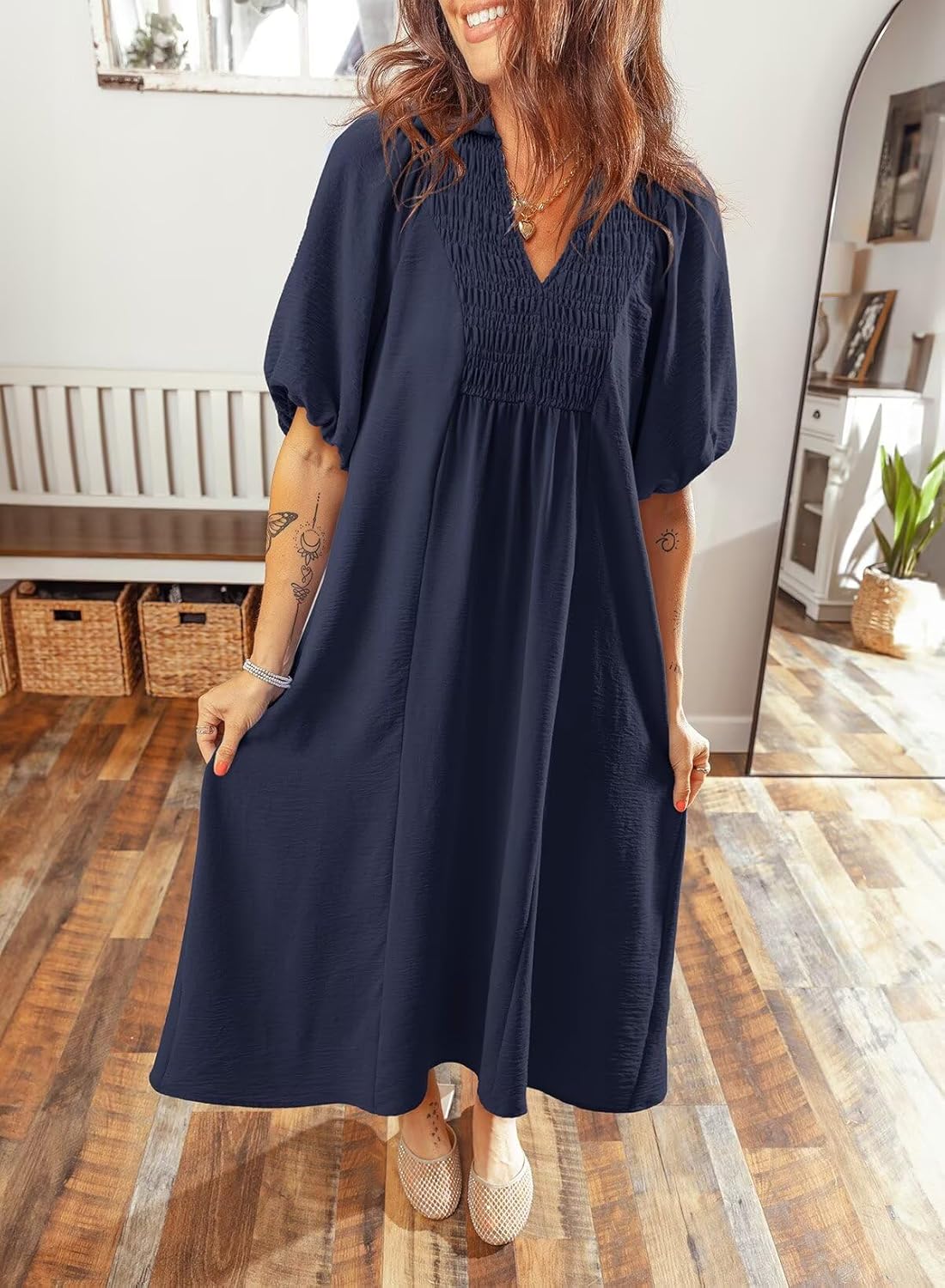 Detalle 2 de Dokotoo Summer Dresses for Women 2026 – Casual V-Neck Puff Sleeve Maxi Dress
