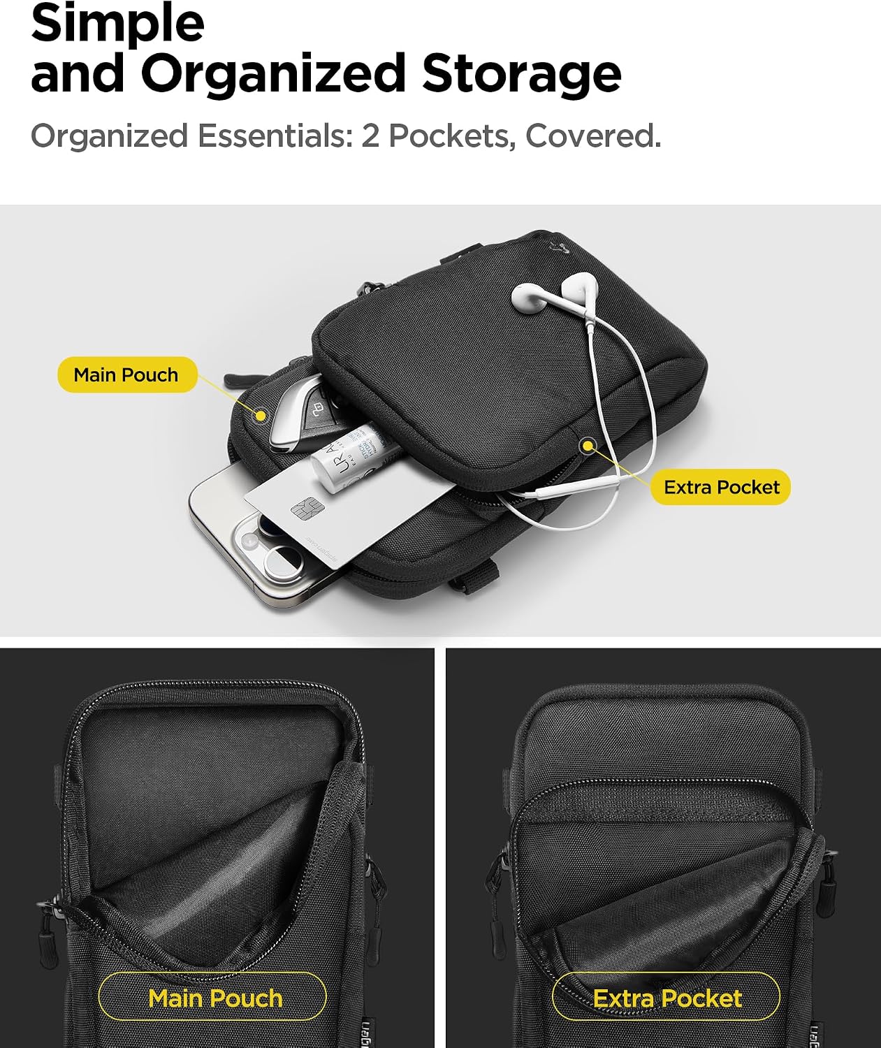 Detalle de Spigen KD400 borsello uomo a tracolla staccabile con moschettone e porta cellulare fino a 6,9" – Nero