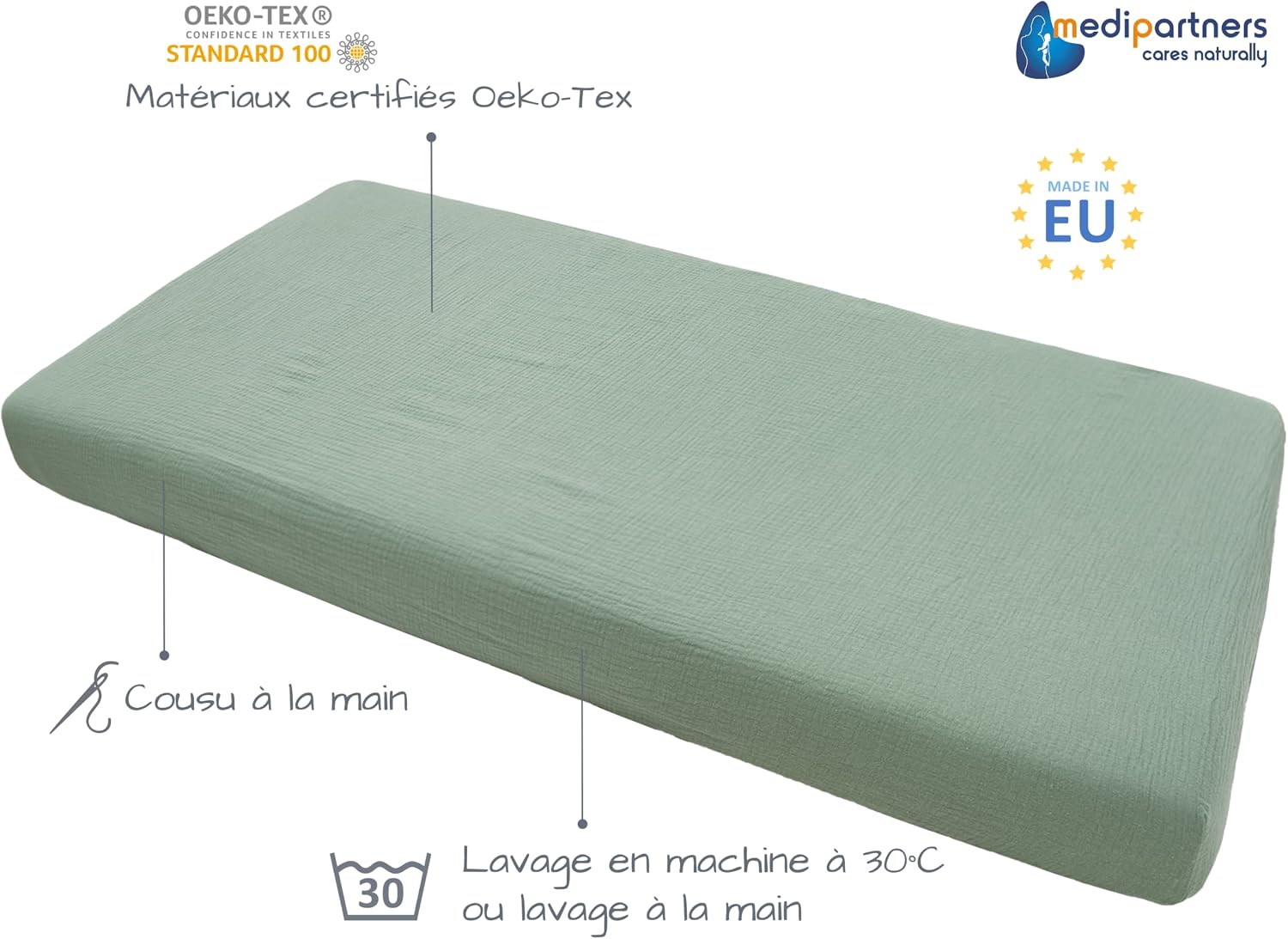 Thumbnail 2 de Medi Partners Drap Housse 60x120 cm pour Bébé – 100% Coton Mousseline, ajustement parfait