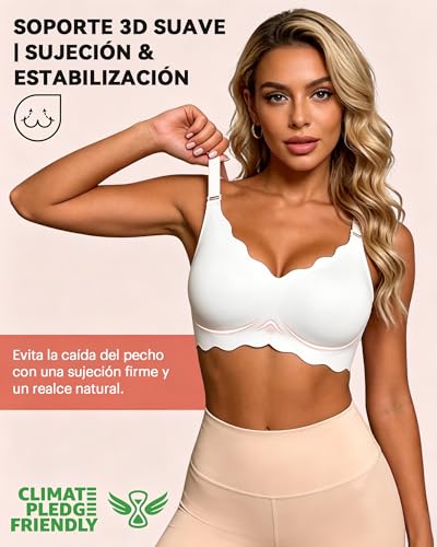 Detalle de Sujetador Sin Aros Bresdk Mujer – Cómodo, borde ondulado y suave para dormir y uso diario (Blanco, XL)