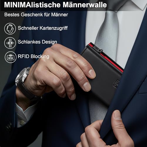 Detalle de TENBST Geldbörse Herren – Edle Slim Wallet mit RFID-Schutz, Rot-Schwarz, Münzfach und Pop-up Pay-Feature