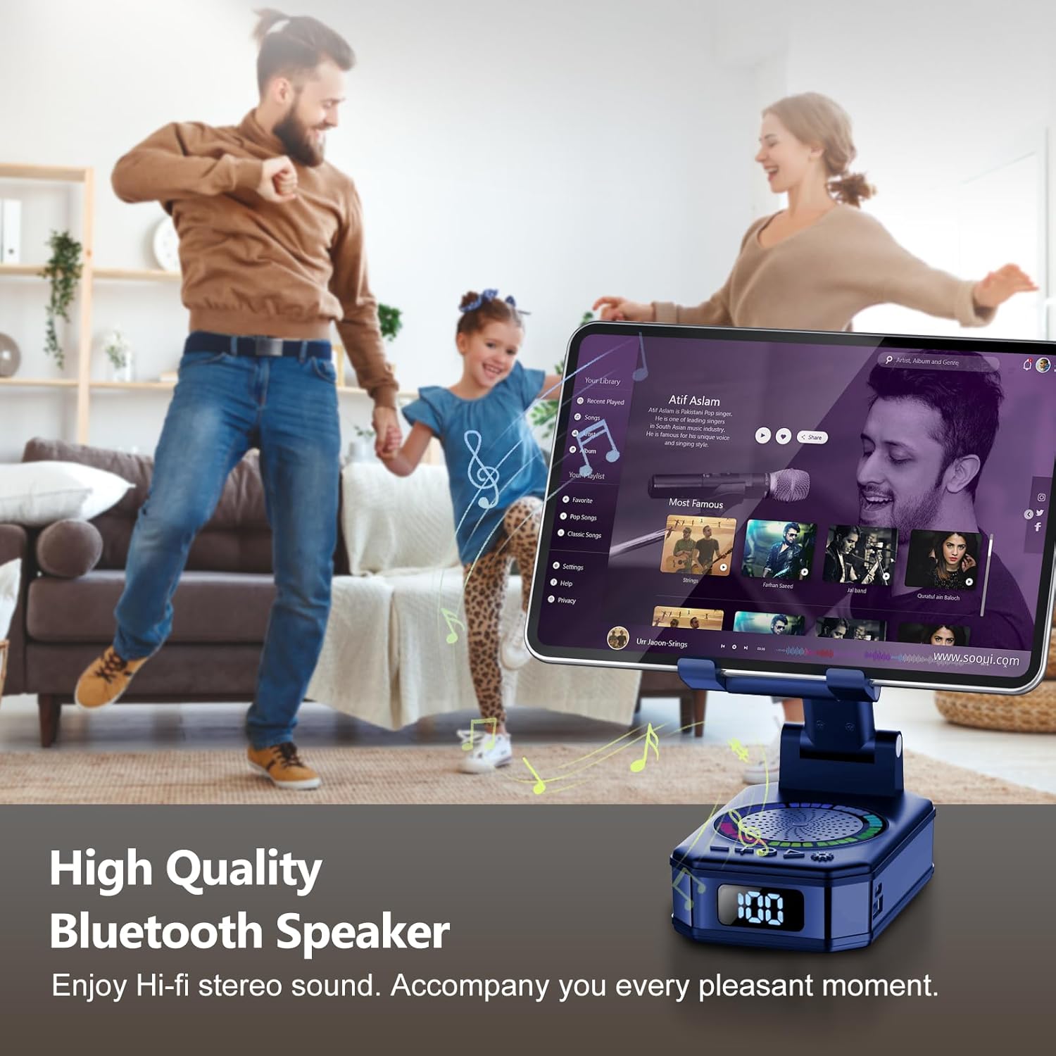 Detalle de Vatertagsgeschenk für Papa: 4-in-1 Bluetooth-Lautsprecher mit Handyhalter, LED-Licht, langer Akku und Trageständer (Blau)