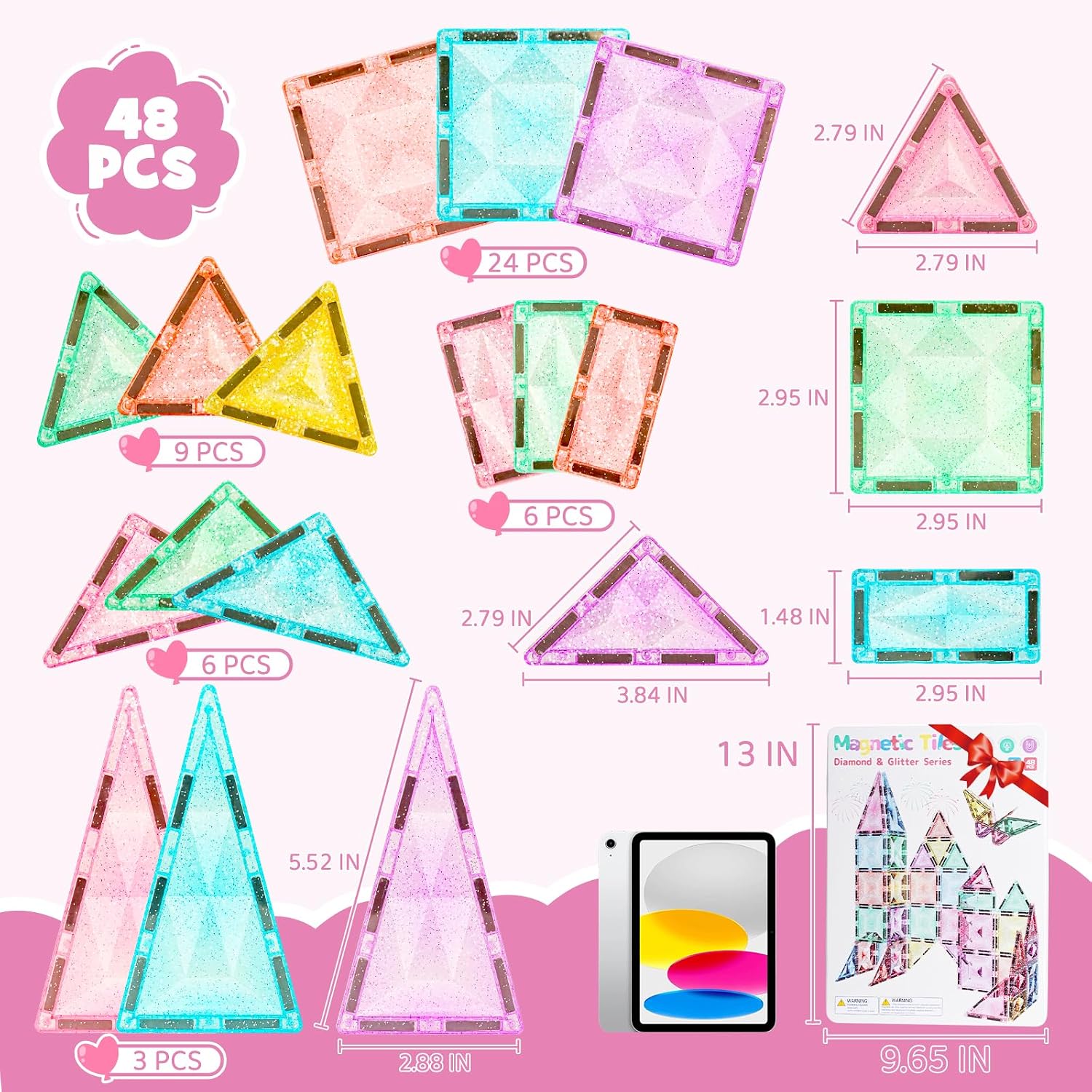 Thumbnail 6 de YOGOHEE 48pcs Large Glitter Magnetic Tiles – Diamond-Shaped STEM Building Set