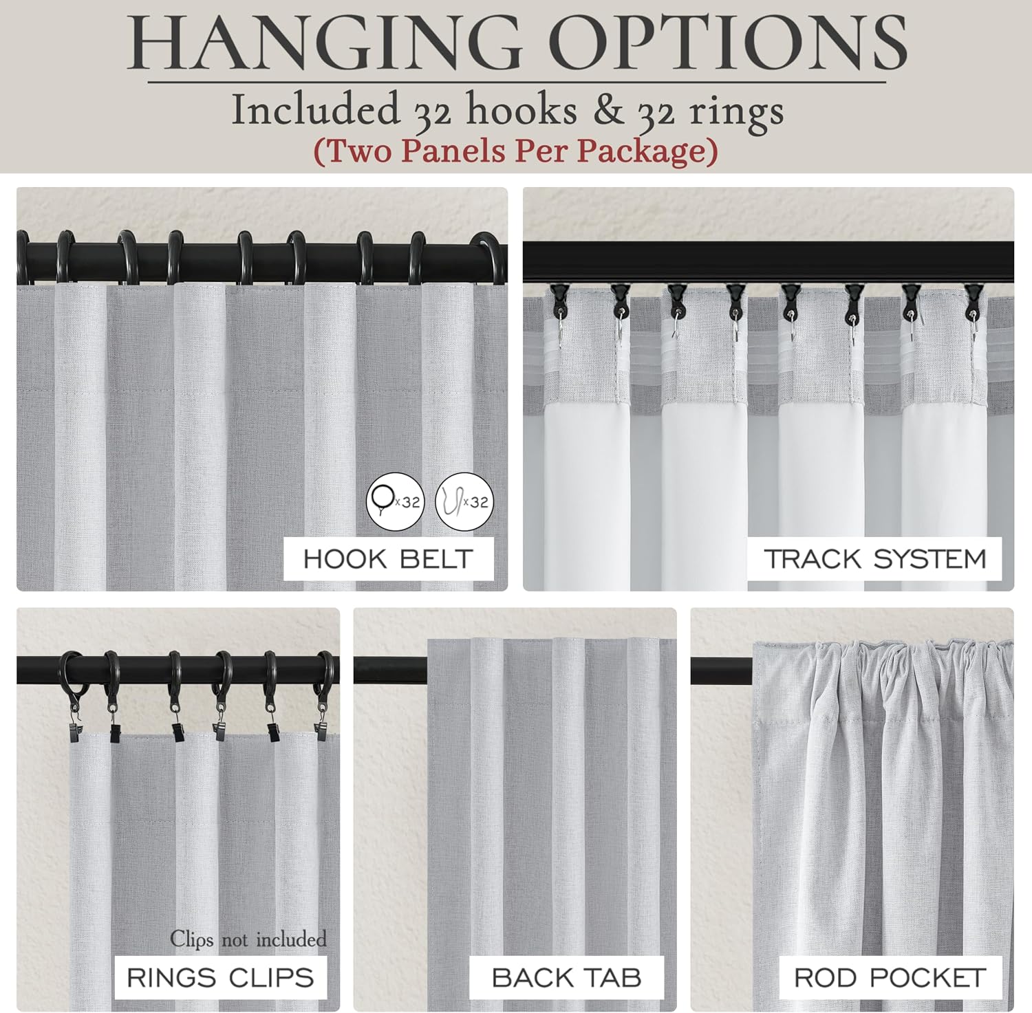 Detalle de QJmydeco Linen Blackout Curtains, 120-Inch, Light Grey, 2 Panels