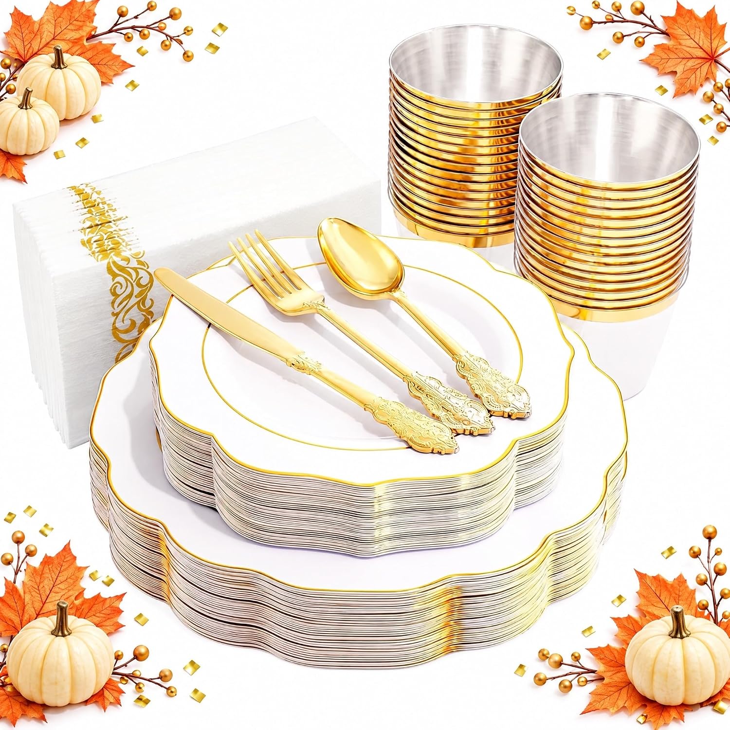 Detalle de NOCCUR 175-Piece White and Gold Plastic Dinnerware Set with Flower-Shaped Plates