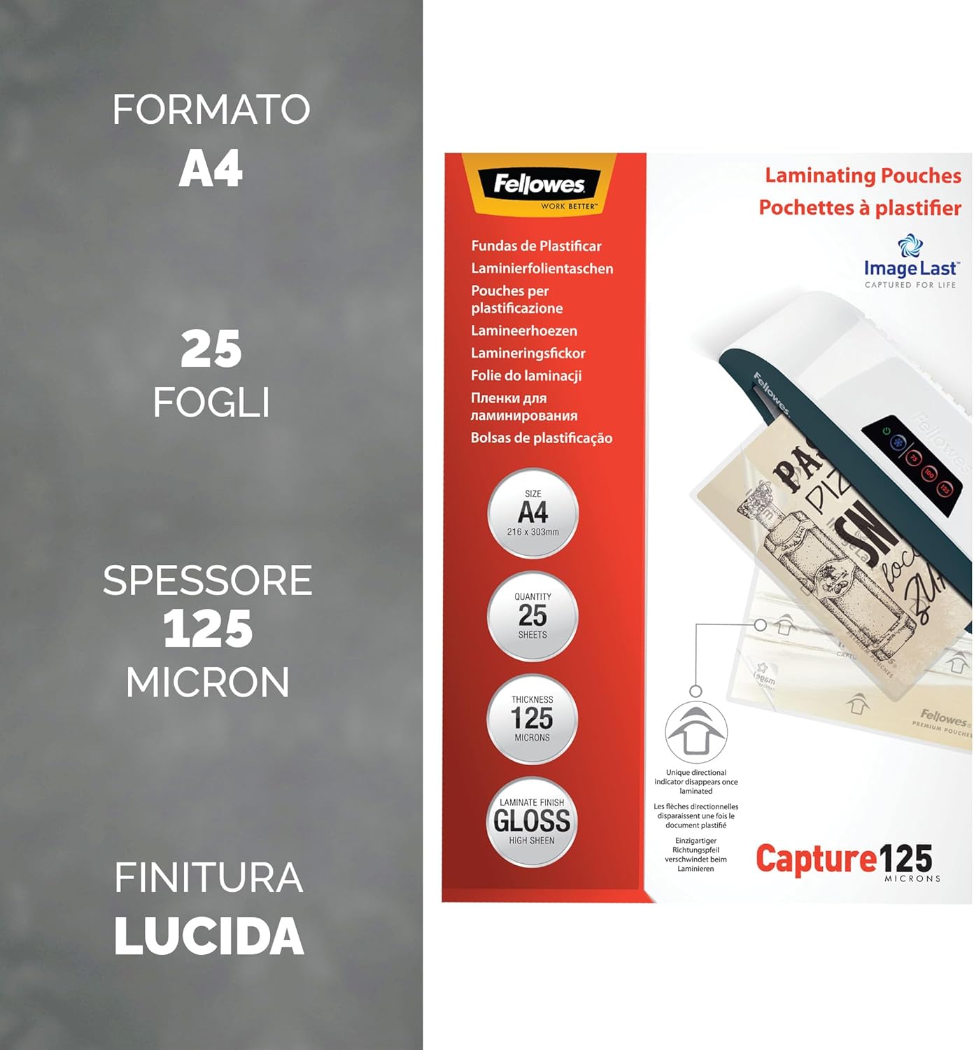 Thumbnail 1 de Fellowes Pouches per plastificazione A4 250 micron lucide, confezione da 25 pezzi con ImageLast