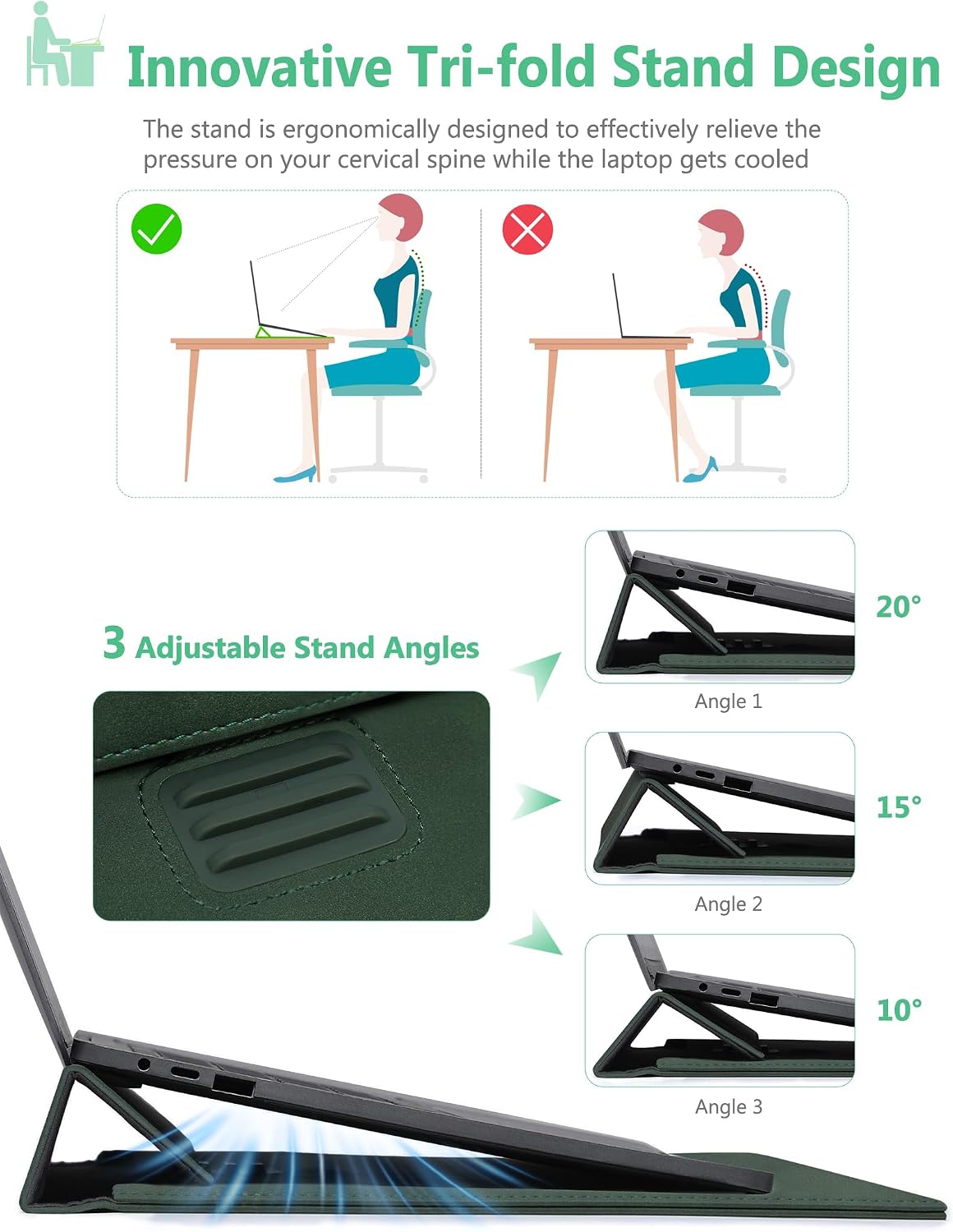 Detalle 2 de HYZUO 15-16 Inch Laptop Sleeve Case with Adjustable Stand – Midnight Green (A3428/A3429) for MacBook Pro 16 and 15, Dell XPS 15, HP Envy 15.6