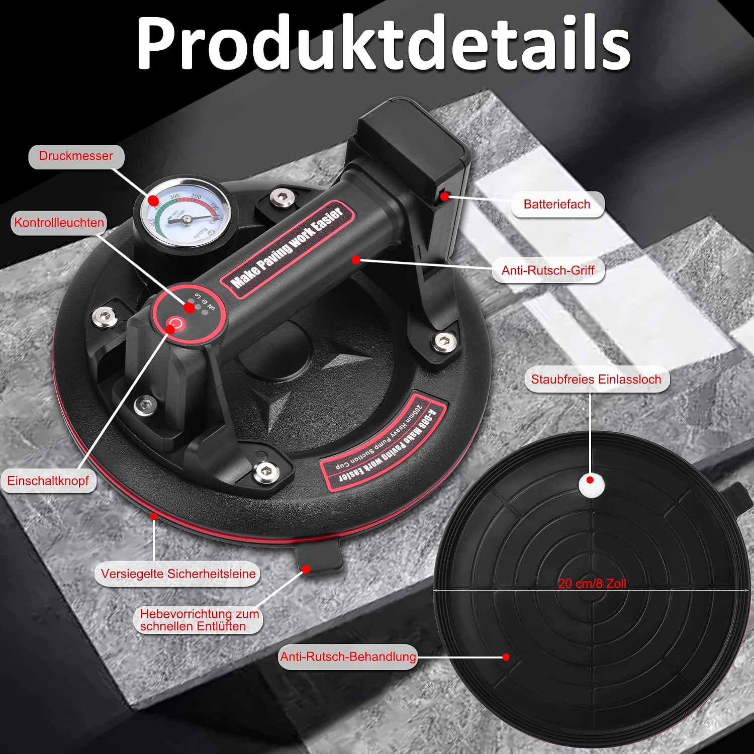 Detalle de Elektrische vacuümzuignappen van 20,3 cm met manometer, set van 2, tot 200 kg