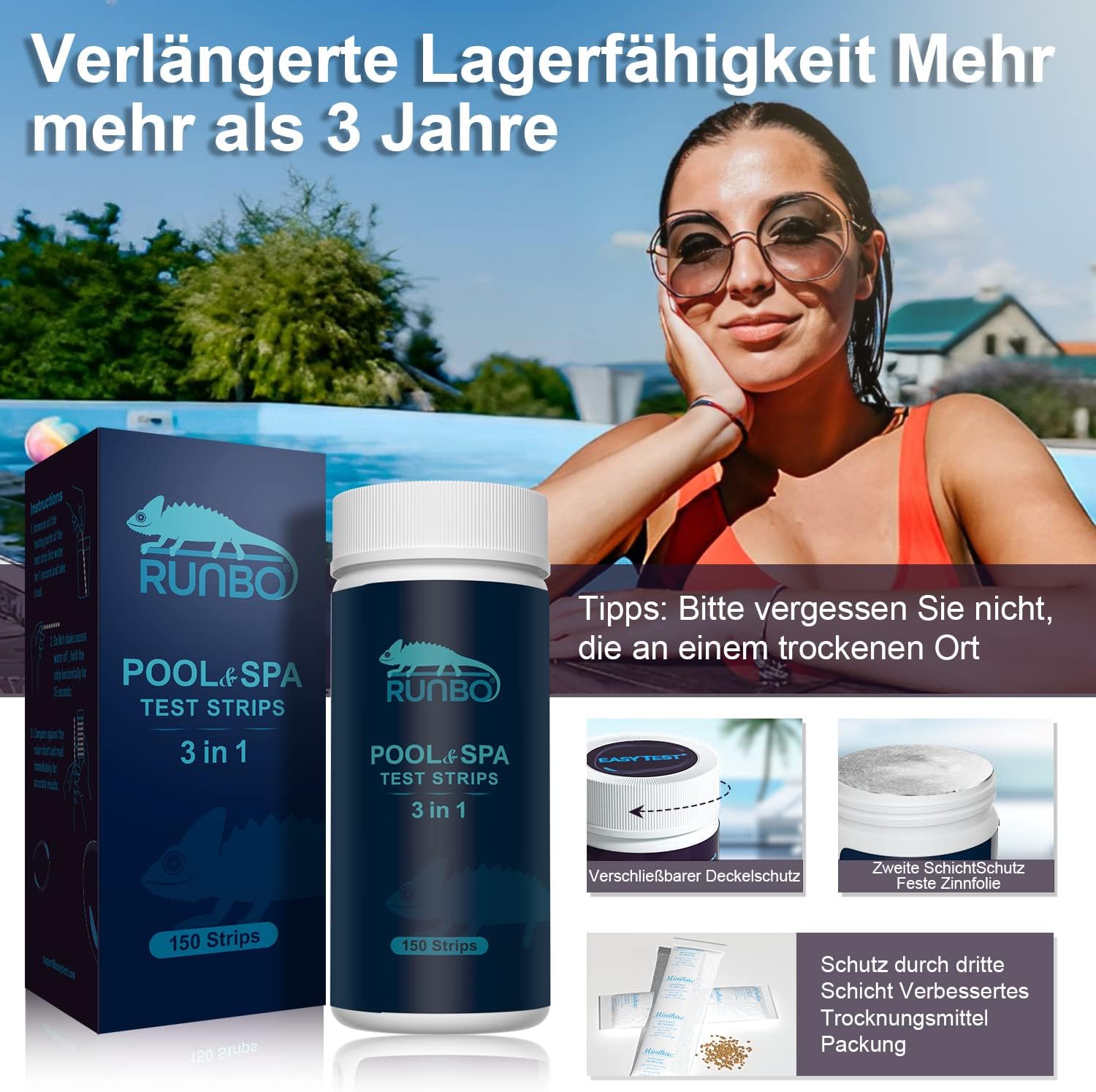 Thumbnail 4 de RUNBO 3-in-1 Pool-Teststreifen für Spa (150 Stäbchen) – Test auf freies Chlor, Brom, Alkalinität und pH