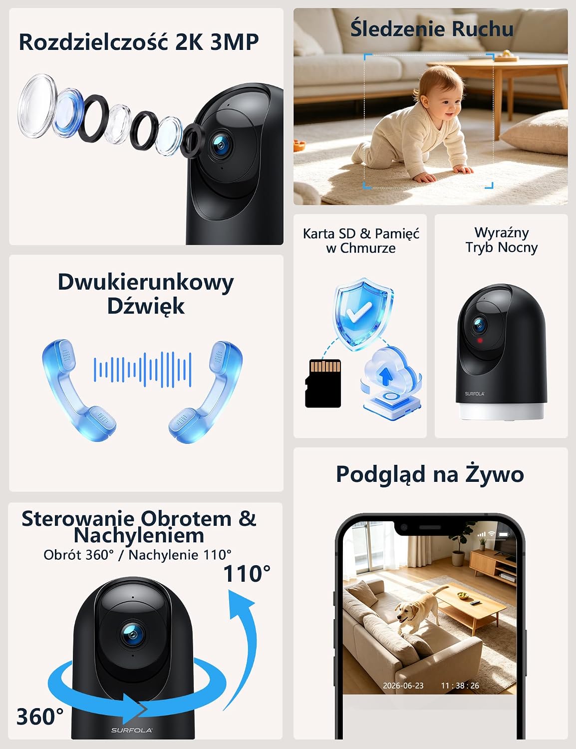 Detalle de Surfola WS03 – kamera wewnętrzna 2K z obrotem 355° i śledzeniem ruchu