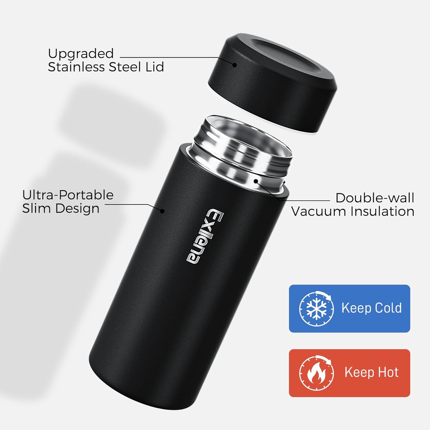 Detalle de Exllena Upgraded Small Water Bottle for Handbag (250ml) – Mini Flask for Hot & Cold Drinks, Black