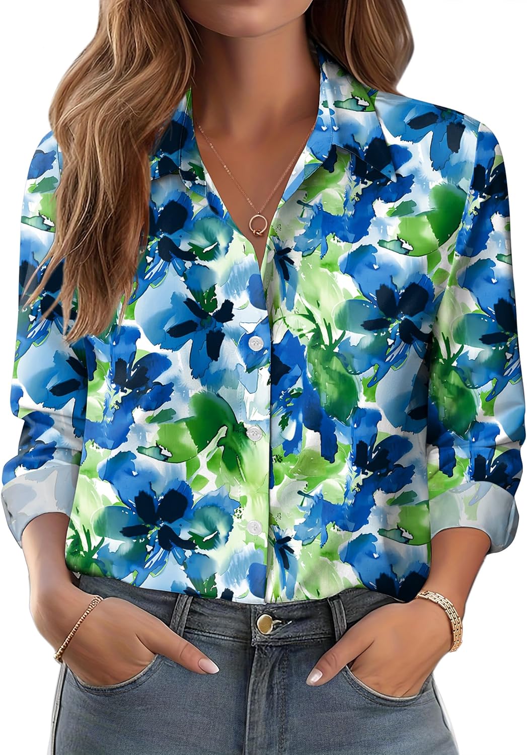 Detalle de Zeagoo Button Down Floral Long Sleeve Blouse