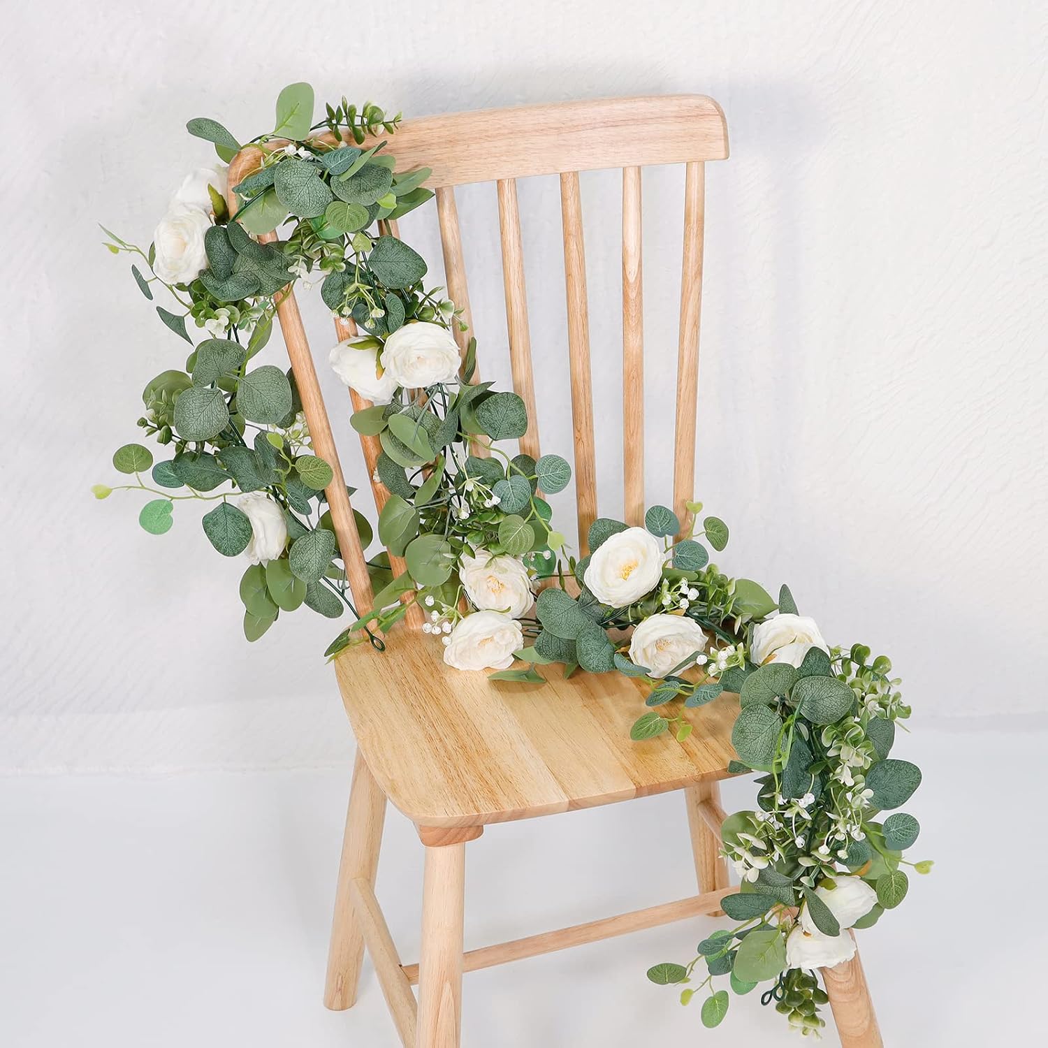 Thumbnail 6 de TOCHGREEN 144 Artificial Eucalyptus Garland, 2-Pack with White Roses, 13 ft