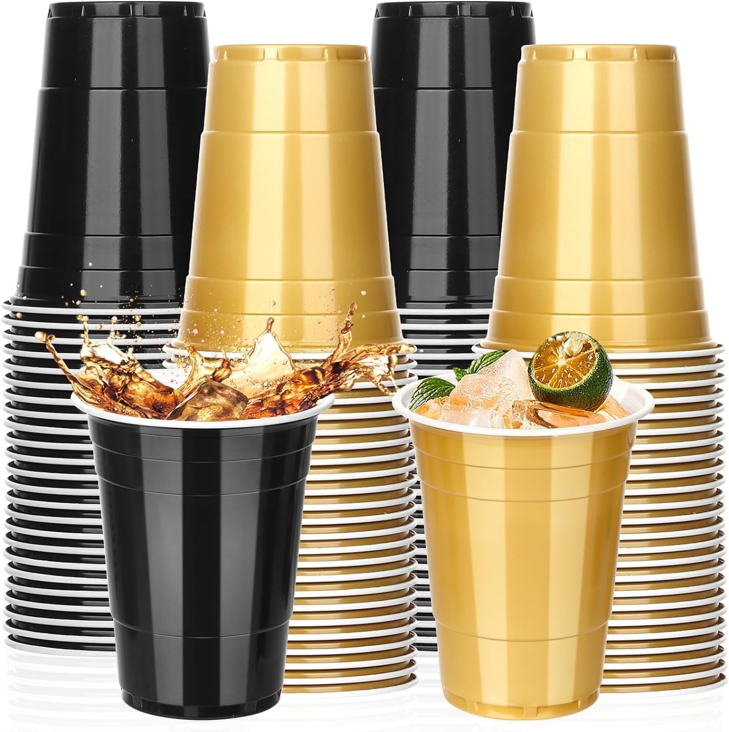 Detalle de KesaPlan 16 oz Disposable Plastic Party Cups, Black and Gold, 100-Pack