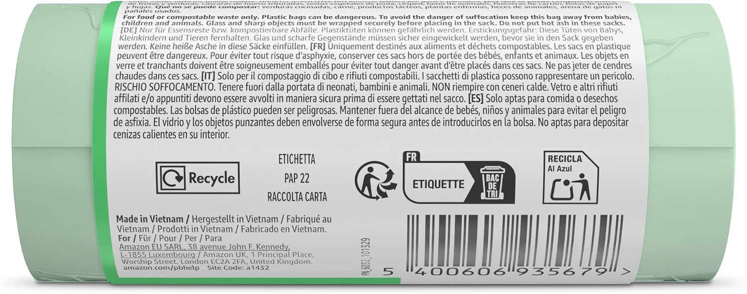 Detalle de by Amazon Kompostierbarer Müllsack für den Abfallbehälter – Bindegriff, 20 x 10 Liter