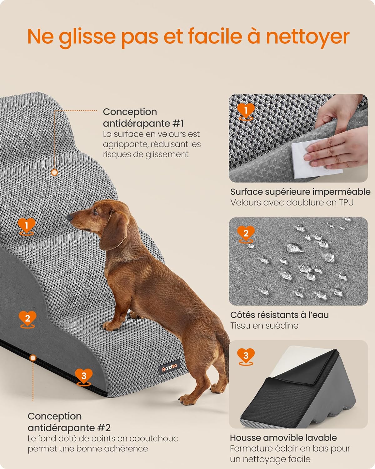 Detalle de Feandrea Escalier pour Chien à 4 Marches en Velours Gaufré – Pente Douce et Housse Lavable (Gris Tourterelle)
