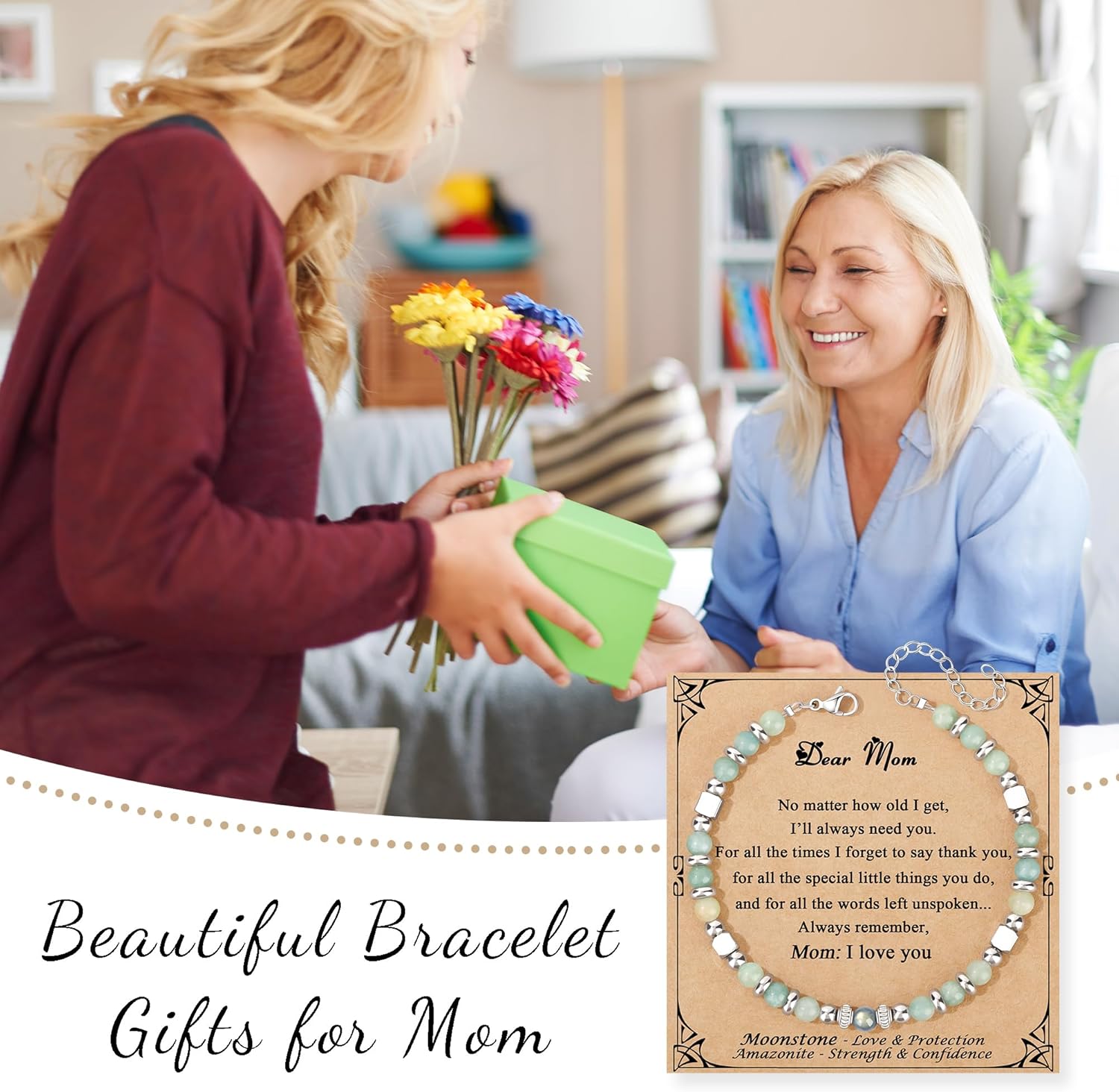 Thumbnail 6 de JoycuFF Moonstone & Amazonite Bracelet for Mom – Stainless Steel Beads, Adjustable 7.0" + 1.5" Extender