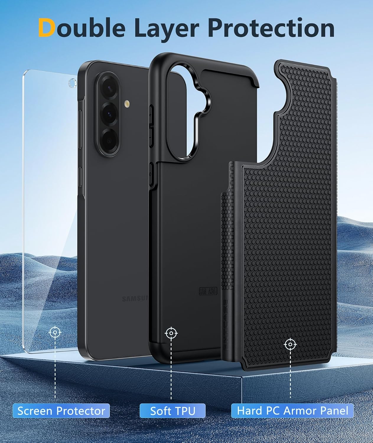 Detalle de FNTCASE Dual-Layer Rugged Case for Samsung Galaxy A36 5G (Black) – Shockproof military bumper, 6.7 inch