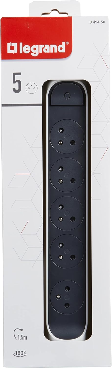 Thumbnail 2 de Legrand multiprise rotative avec interrupteur et voyant LED – 5 prises surface avec terre, câble 1,5 m, blanc et gris foncé