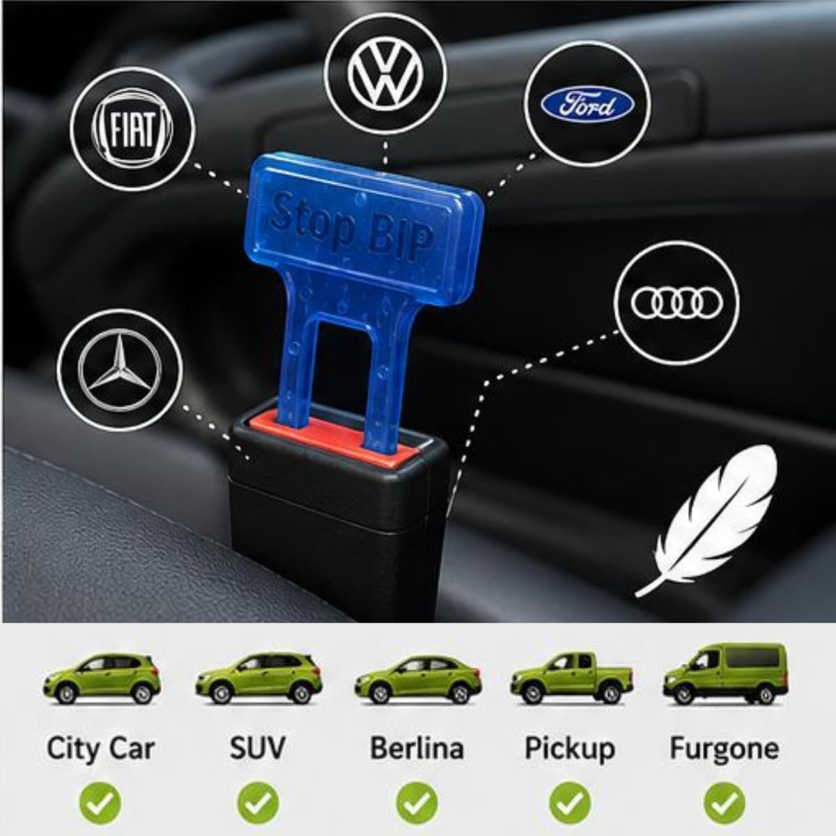 Detalle 2 de Stop BIP Clip Cintura Sicurezza Auto Universal – Pack 4 Clip UltraSlim con Portachiavi Omaggio