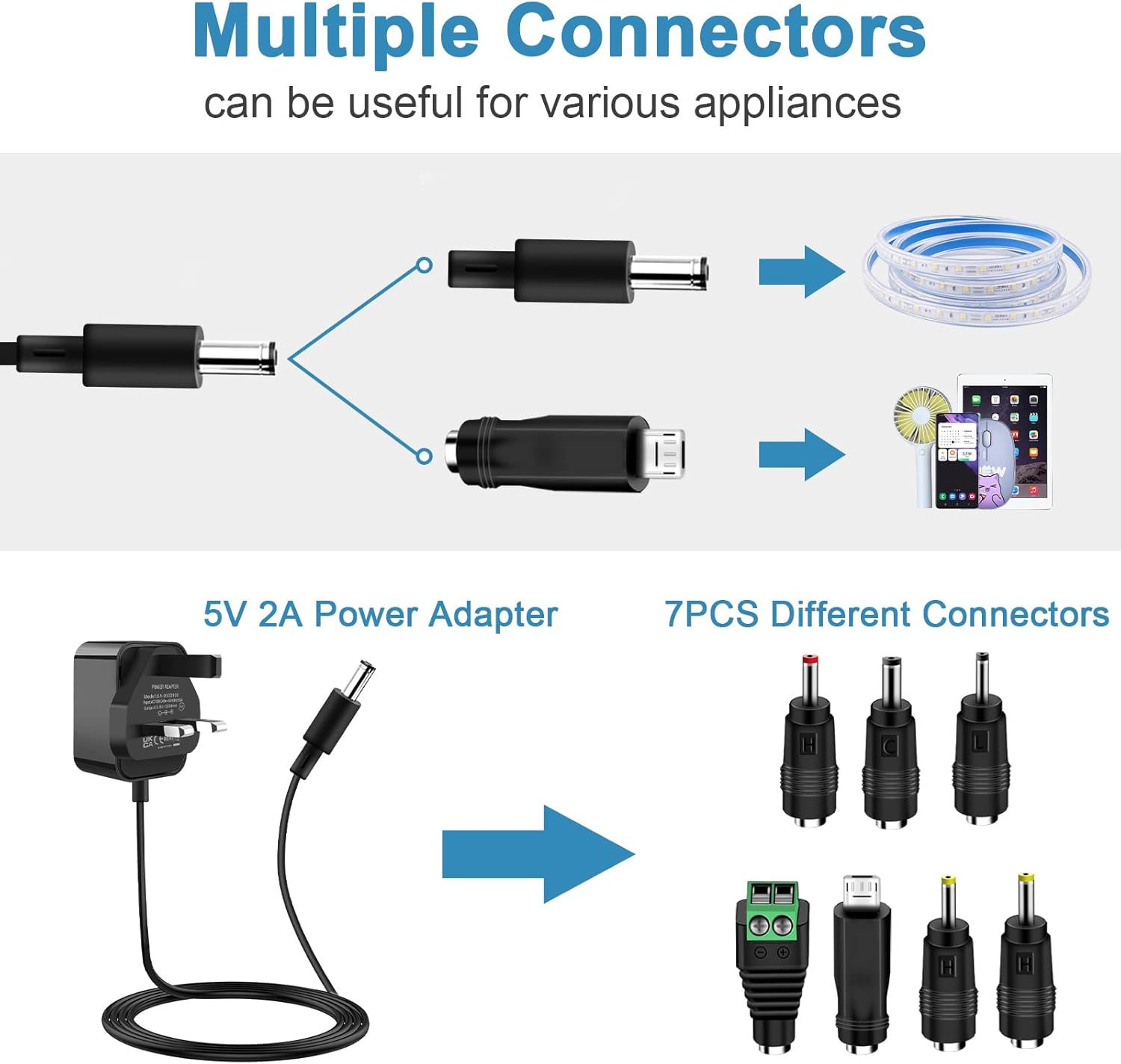 Thumbnail 3 de Etopgo 5V 2A Universal AC to DC Power Supply (with 7 DC connectors) for LED strips, TV boxes and more