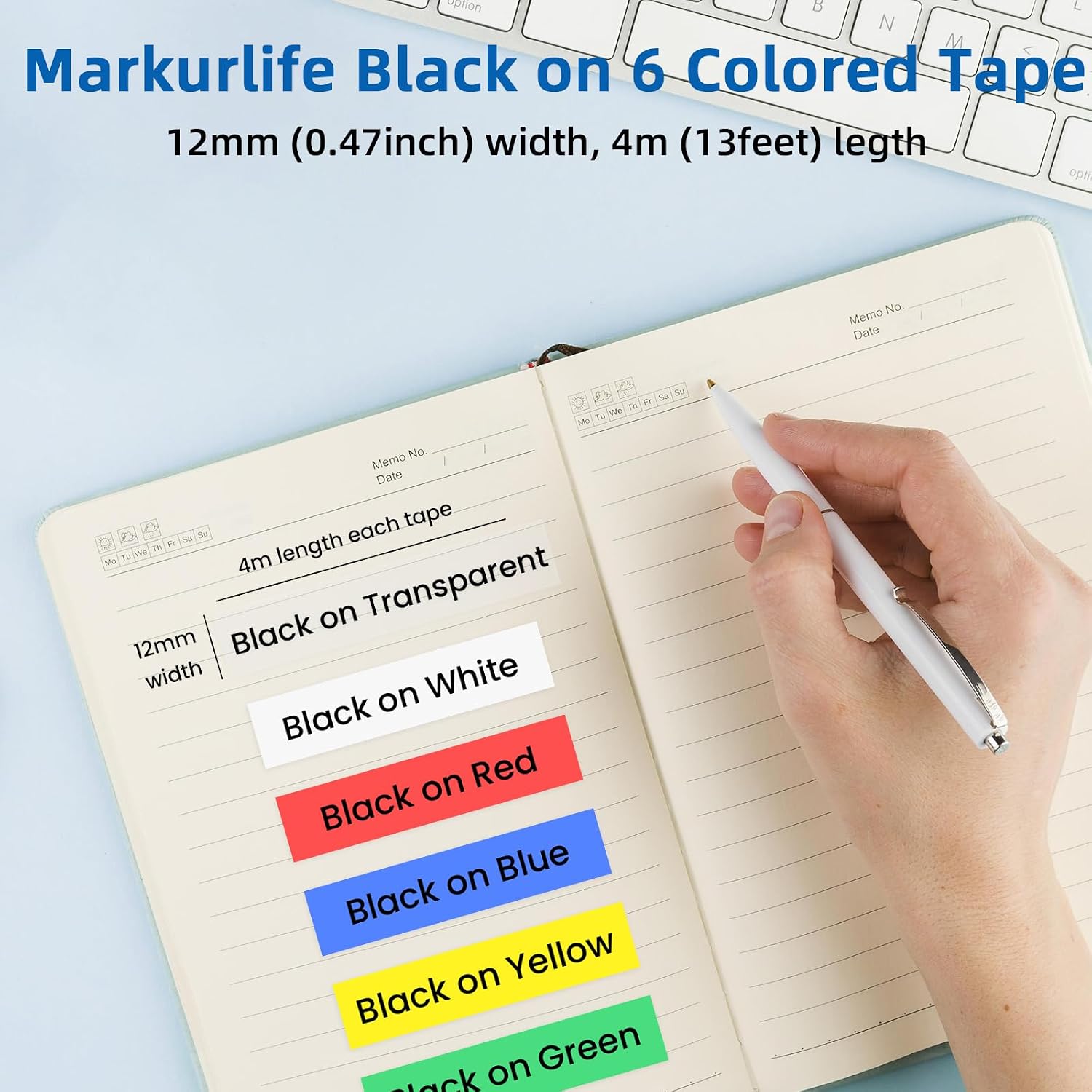 Detalle 2 de 6er-Pack Etikettenband kompatibel mit DYMO LetraTag 12 mm x 4 m (UV-beständig, wasserfest) – bunt: Schwarz auf Klar/Weiß/Rot/Gelb/Blau/Grün
