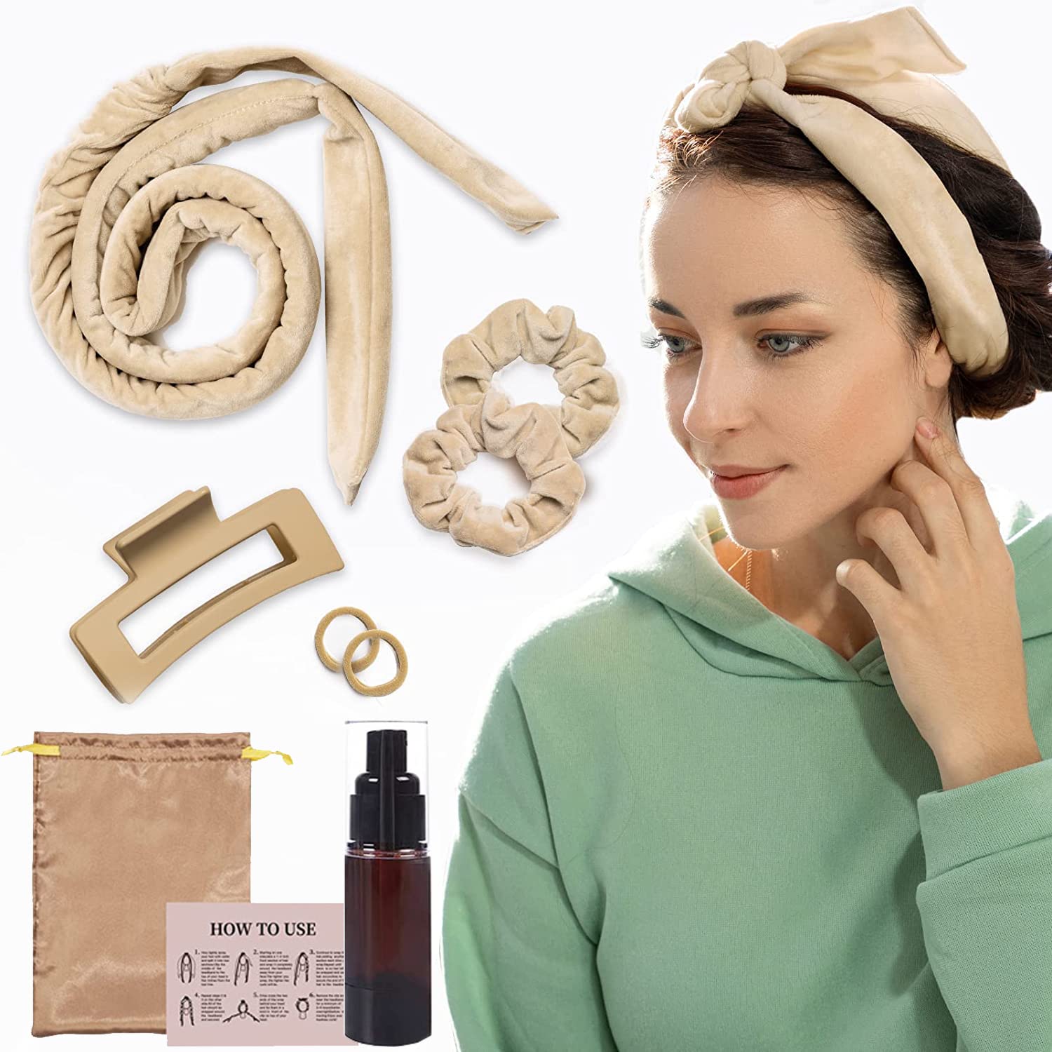 Detalle de Heatless Lockenwickler-Set „Lockenwickler Ohne Hitze“ mit Stirnband (Khaki) für langes mittleres Haar