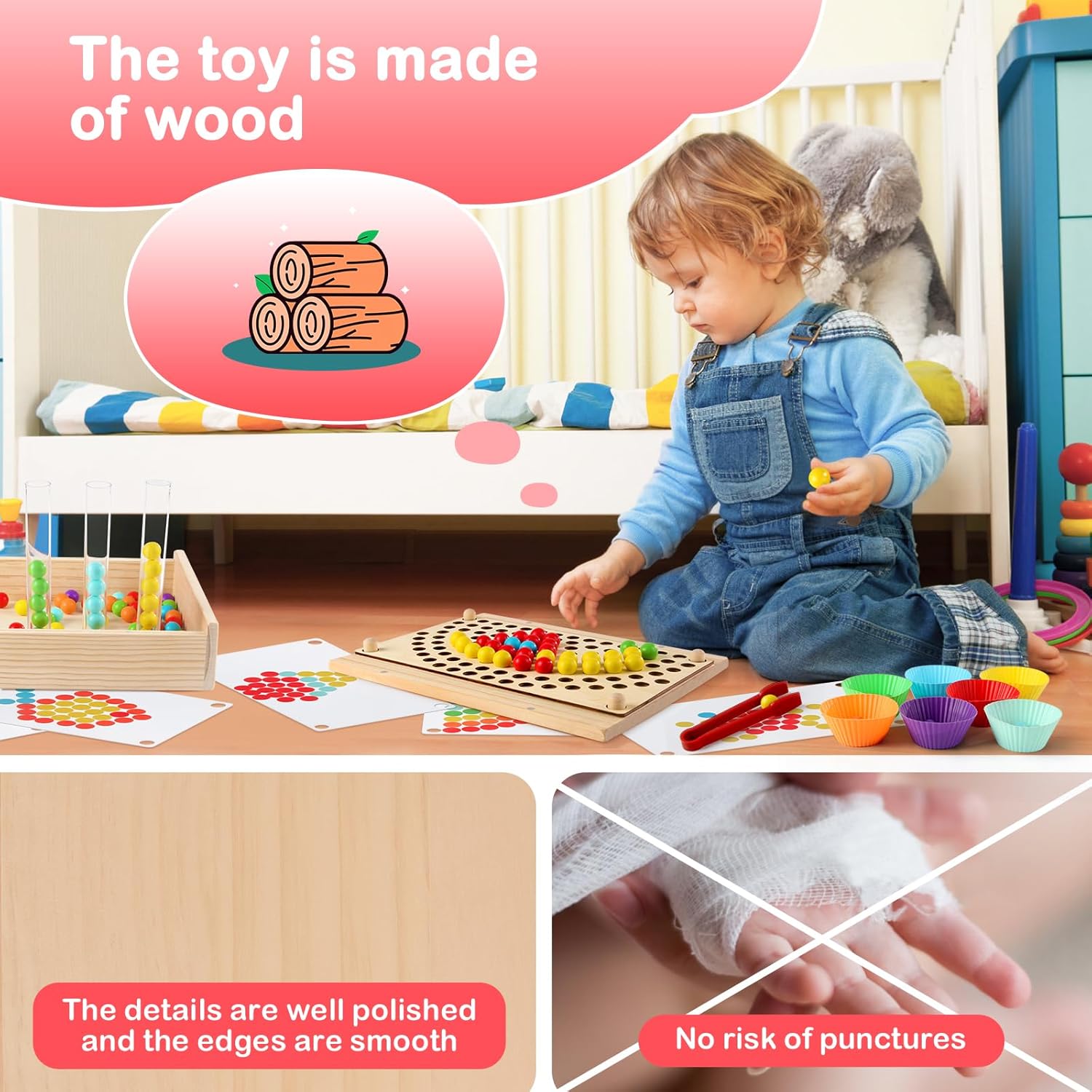 Detalle 1 de INIFEIDALA Montessori Toddler Sorting Toys Set (Rainbow Peg Board, Numbers & Beads) for Ages 3–6