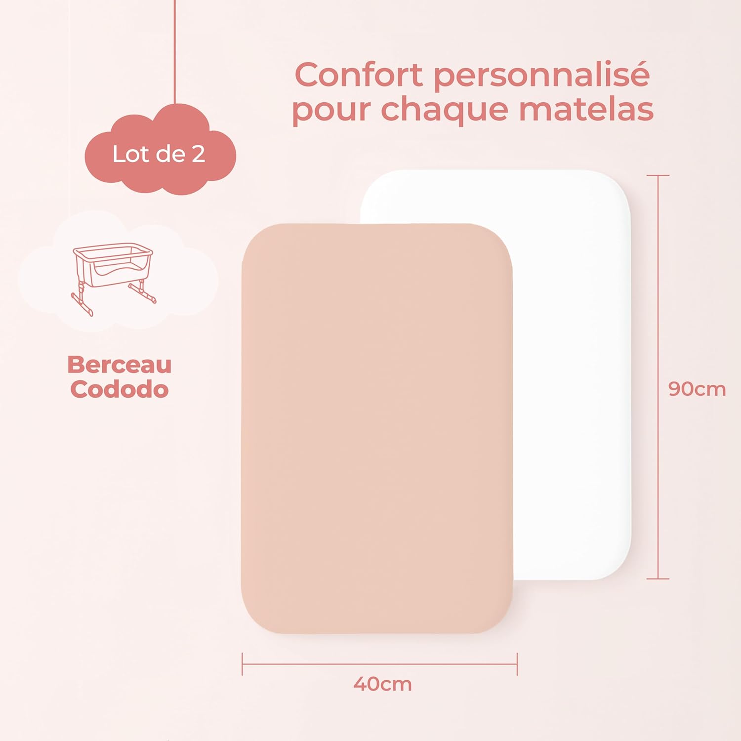 Detalle 2 de Dreamzie Lot de 2 Drap Housse cododo 40x90 cm – Coton certifié Oeko-Tex, Rose/Blanc