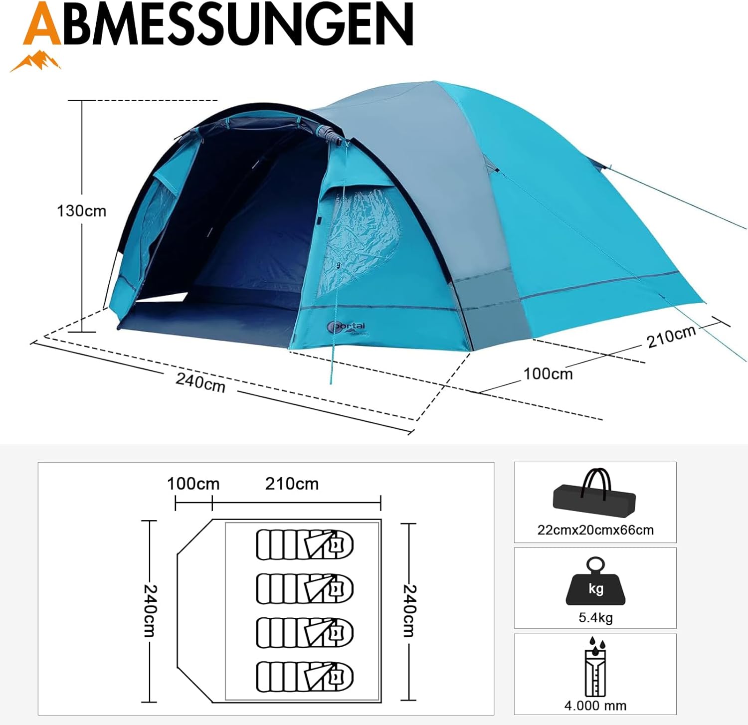 Thumbnail 2 de PORTAL Blackout Zelt 3–4 Personen mit Vorzelt – Kuppelzelt wasserdicht (4000 mm)